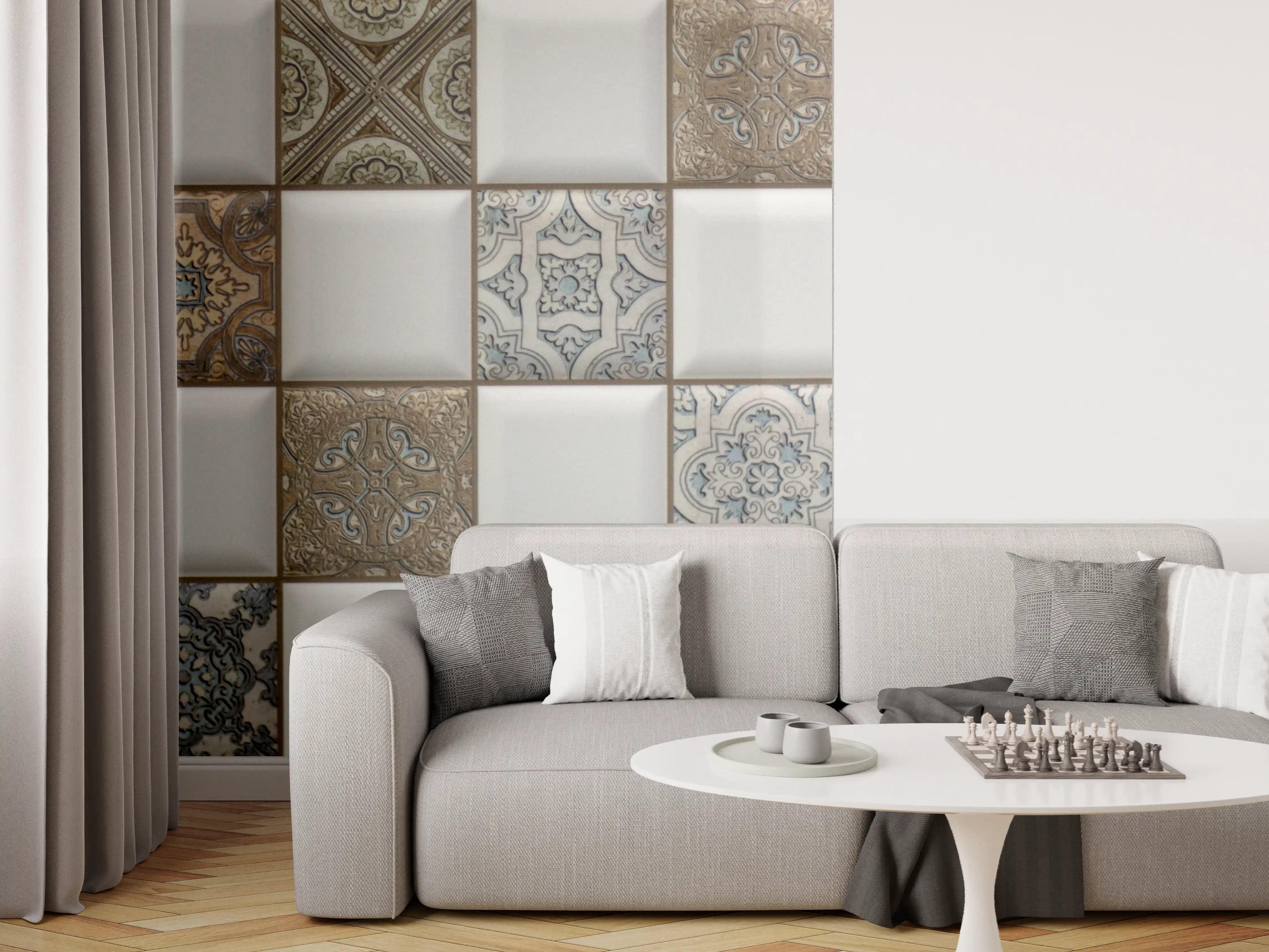 Wandverkleidung Wohnzimmer - Moderne Fliesen mit Vintage-Muster im Detail