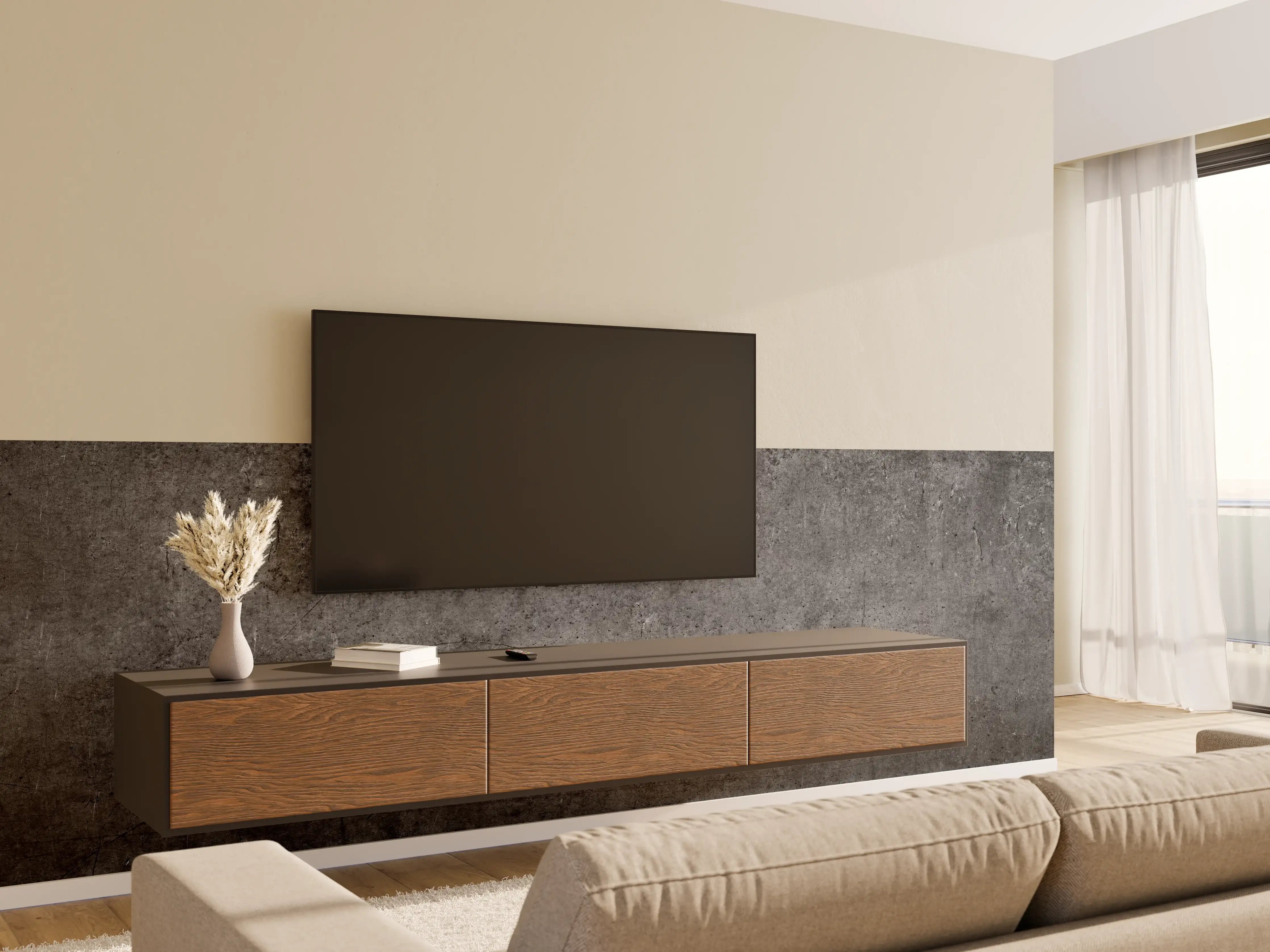 Wandverkleidung Wohnzimmer - Moderne Grau-Schwarze Betonoptik