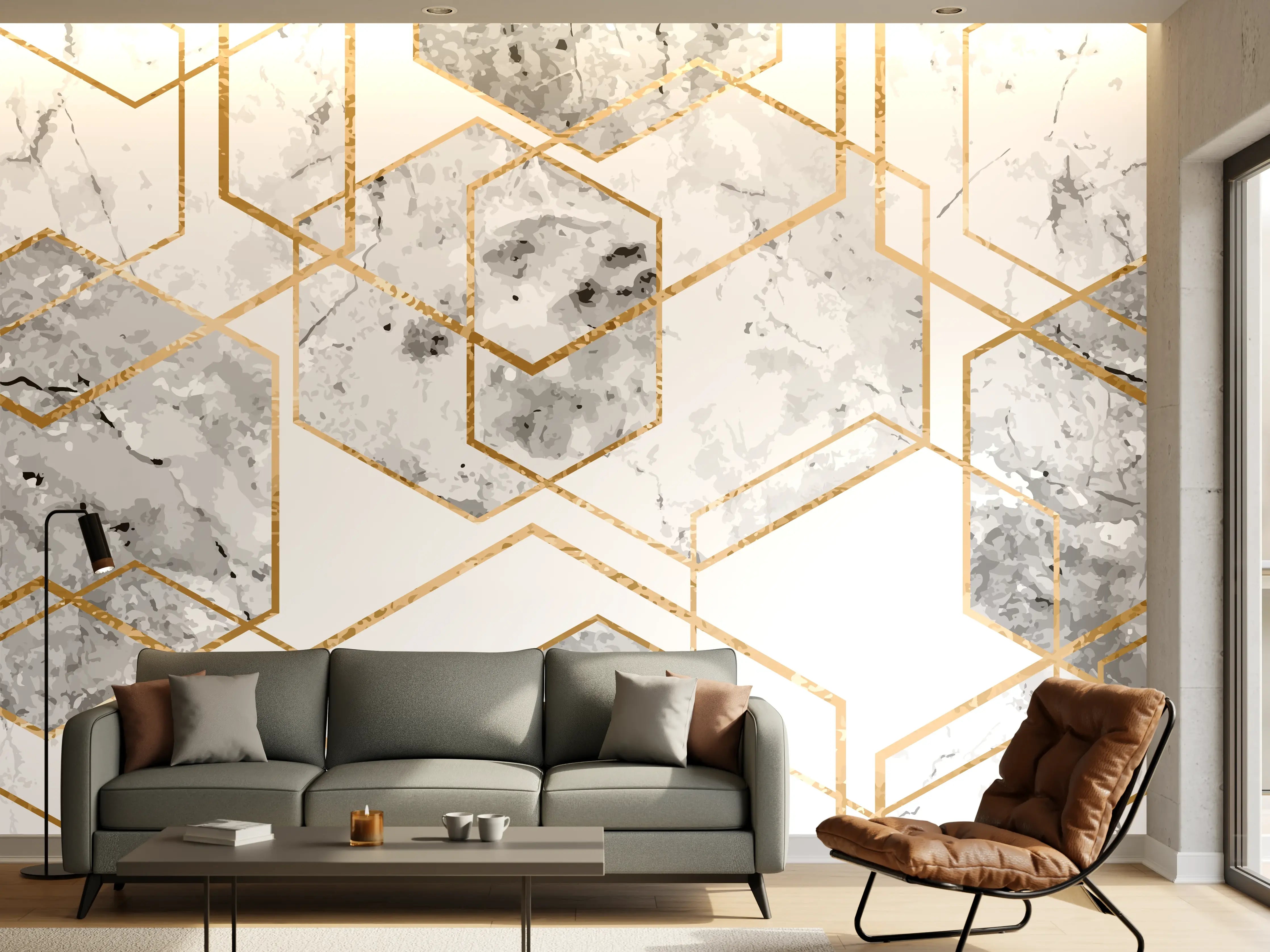 Wandverkleidung Wohnzimmer - Moderne Marmor-Fliesen mit Goldakzenten