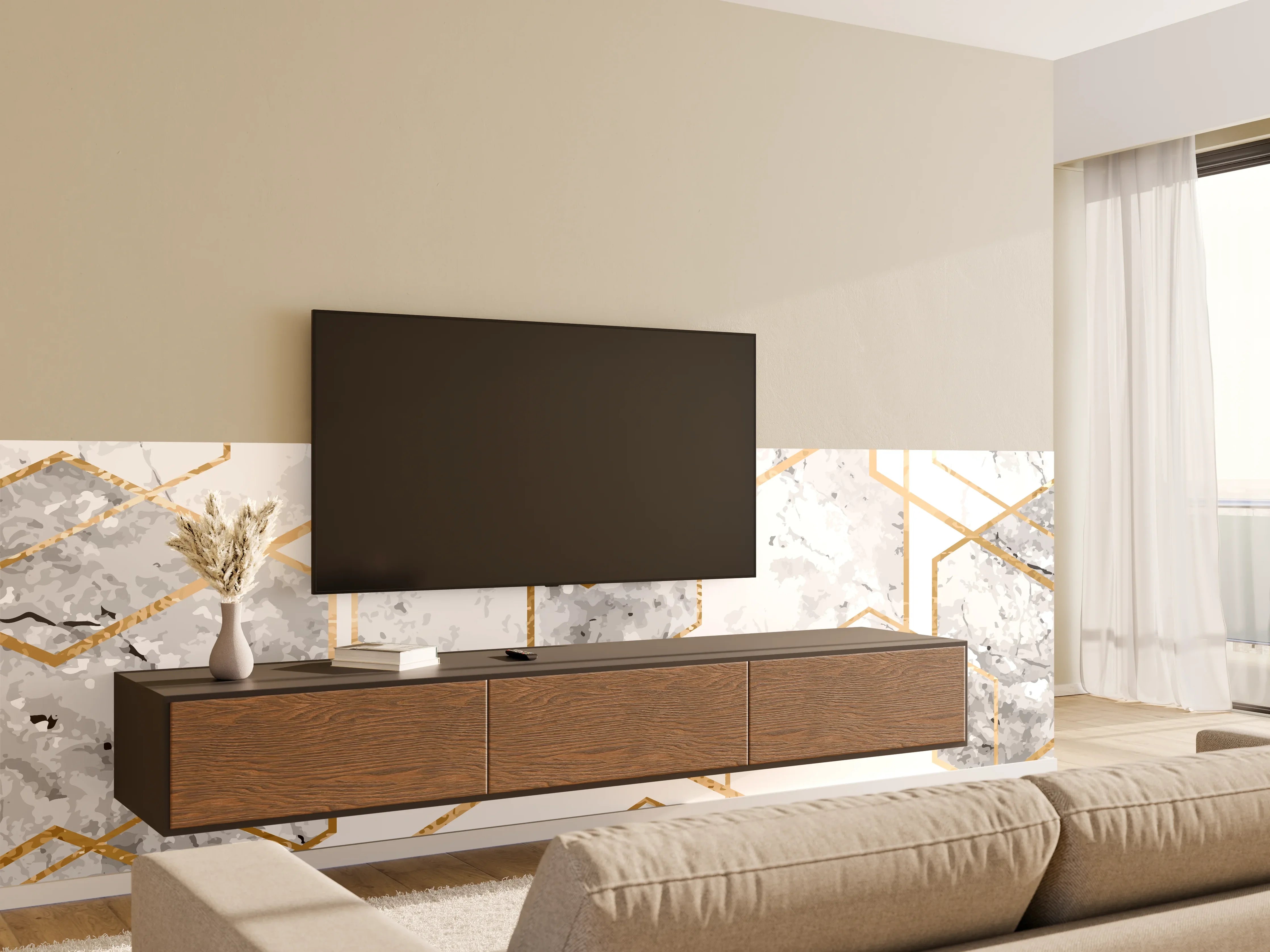 Wandverkleidung Wohnzimmer - Moderne Marmor-Fliesen mit Goldakzenten