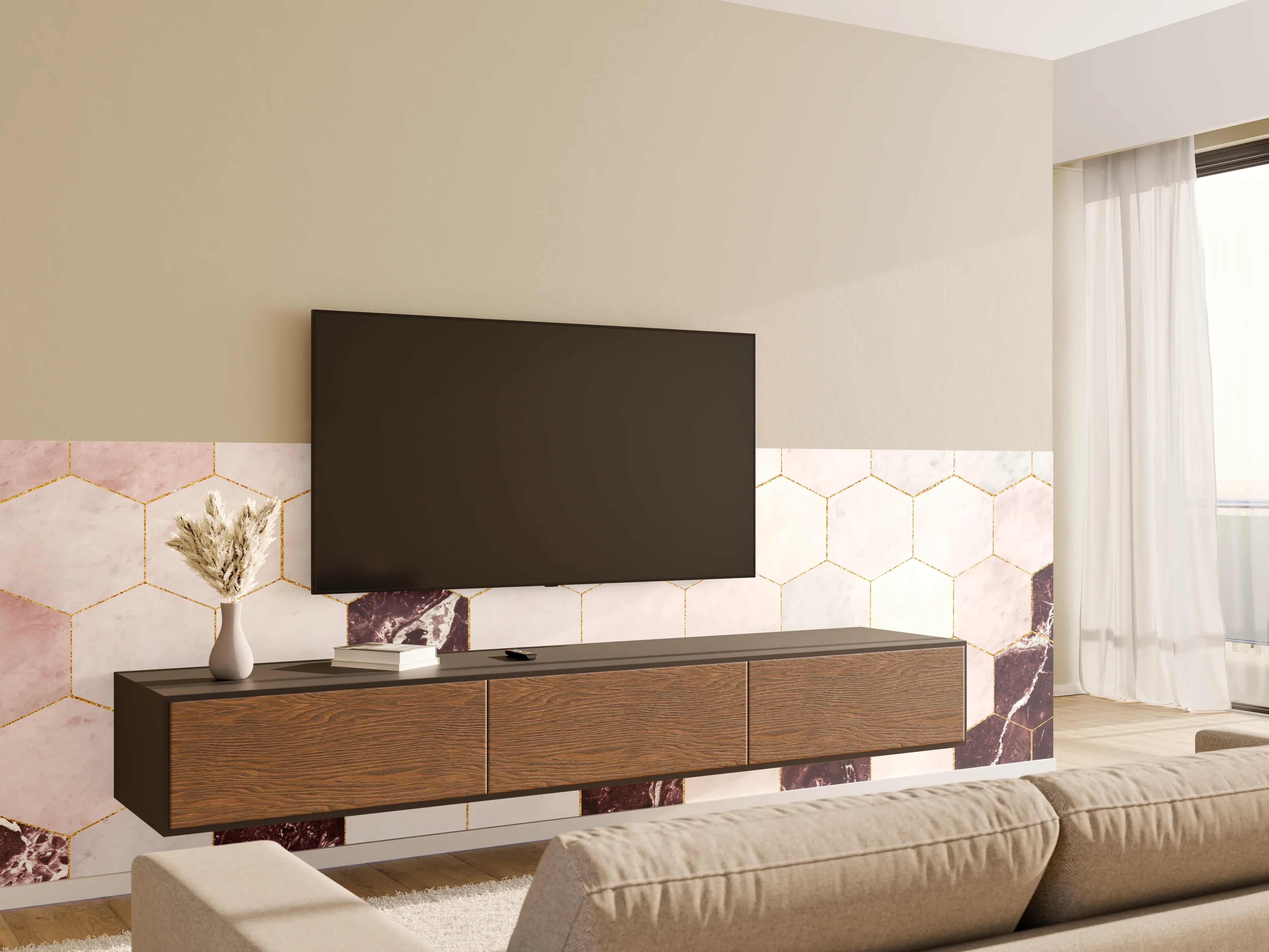 Wandverkleidung Wohnzimmer - Moderne Marmorfliesen im Hexagon-Design