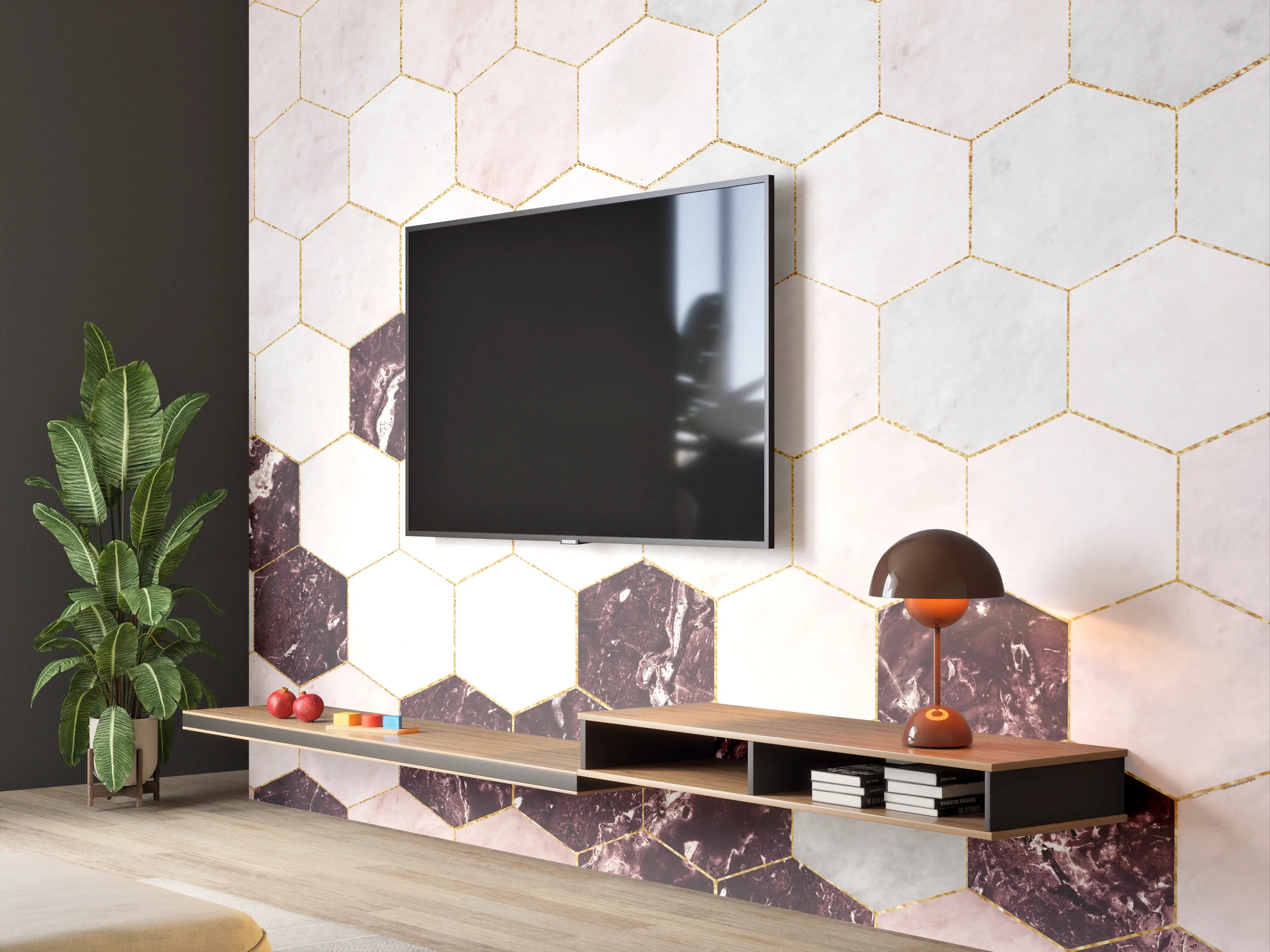 Wandverkleidung Wohnzimmer - Moderne Marmorfliesen im Hexagon-Design