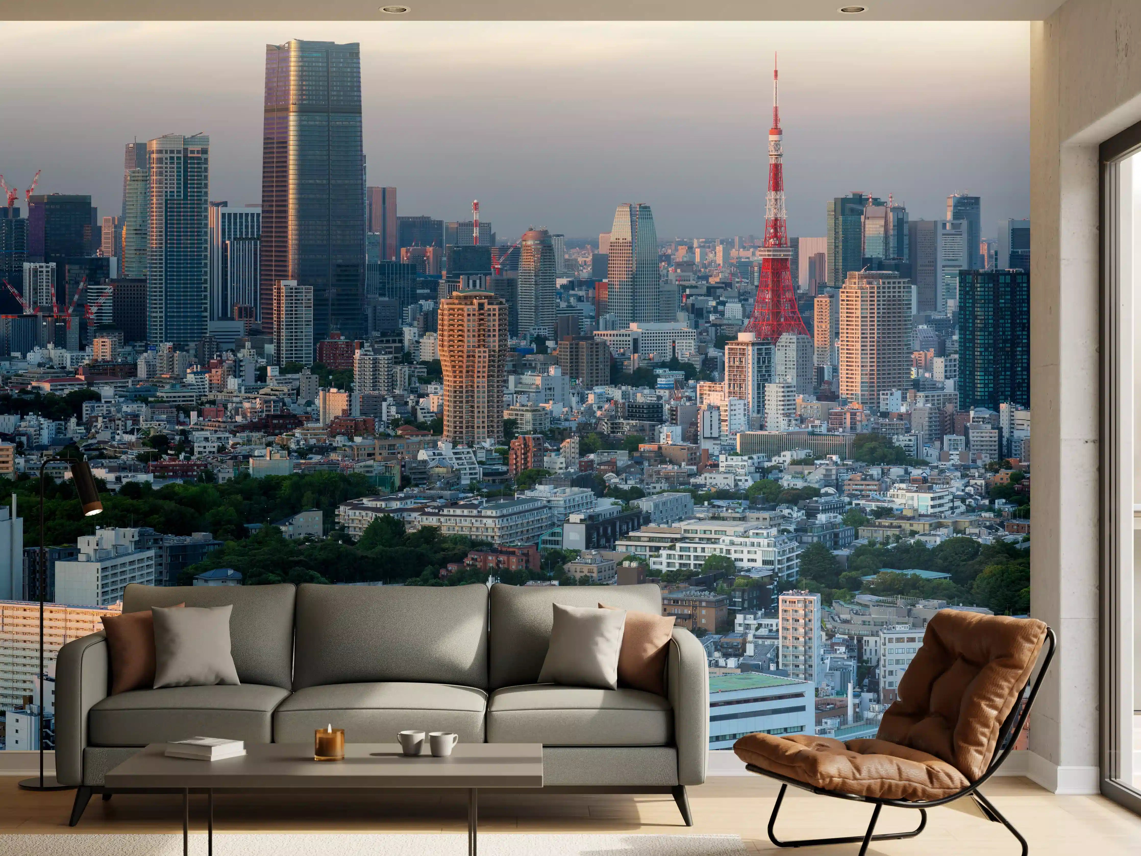Wandverkleidung Wohnzimmer - Moderne Skyline Tokios bei Sonnenuntergang