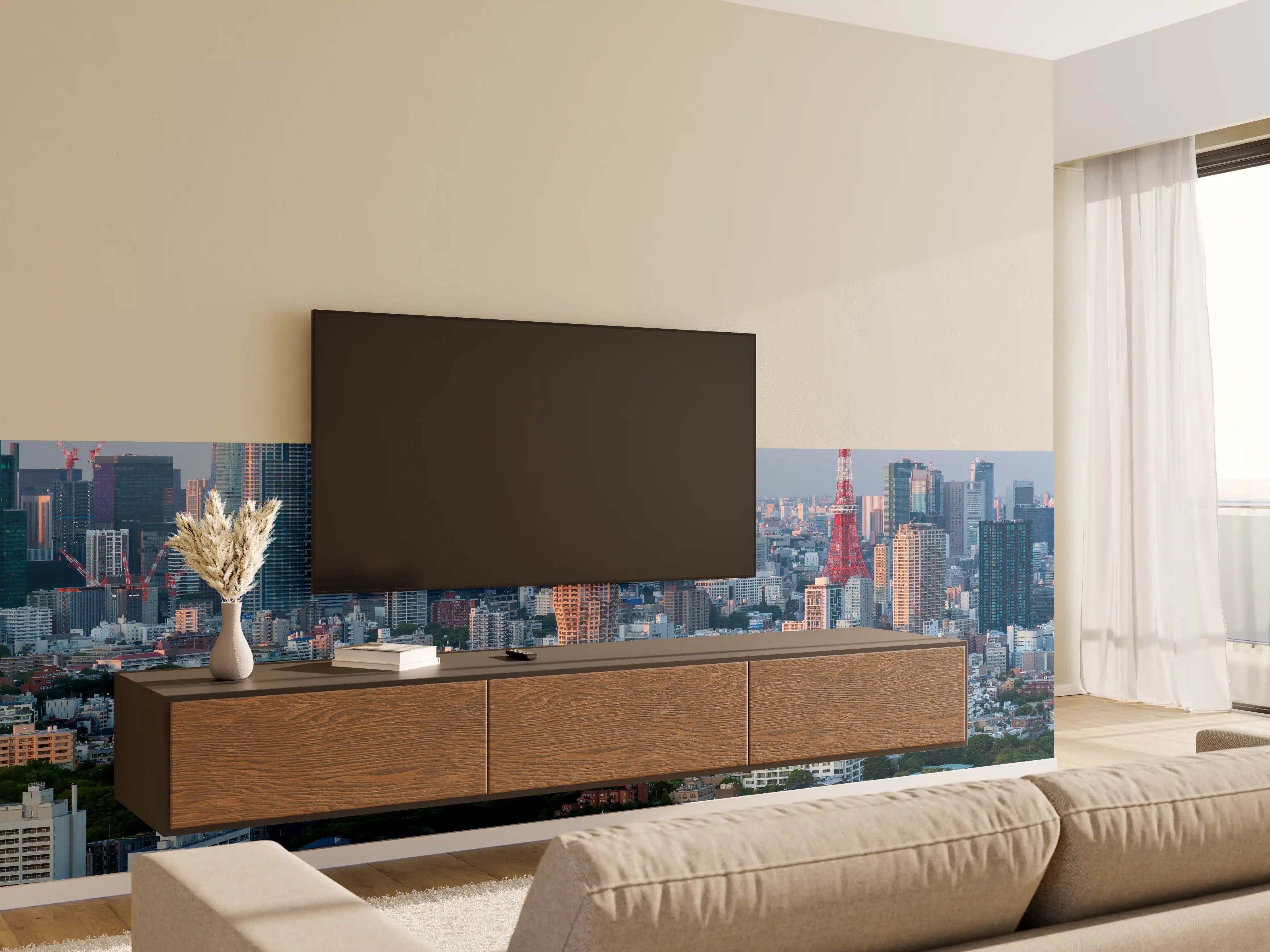 Wandverkleidung Wohnzimmer - Moderne Skyline Tokios bei Sonnenuntergang