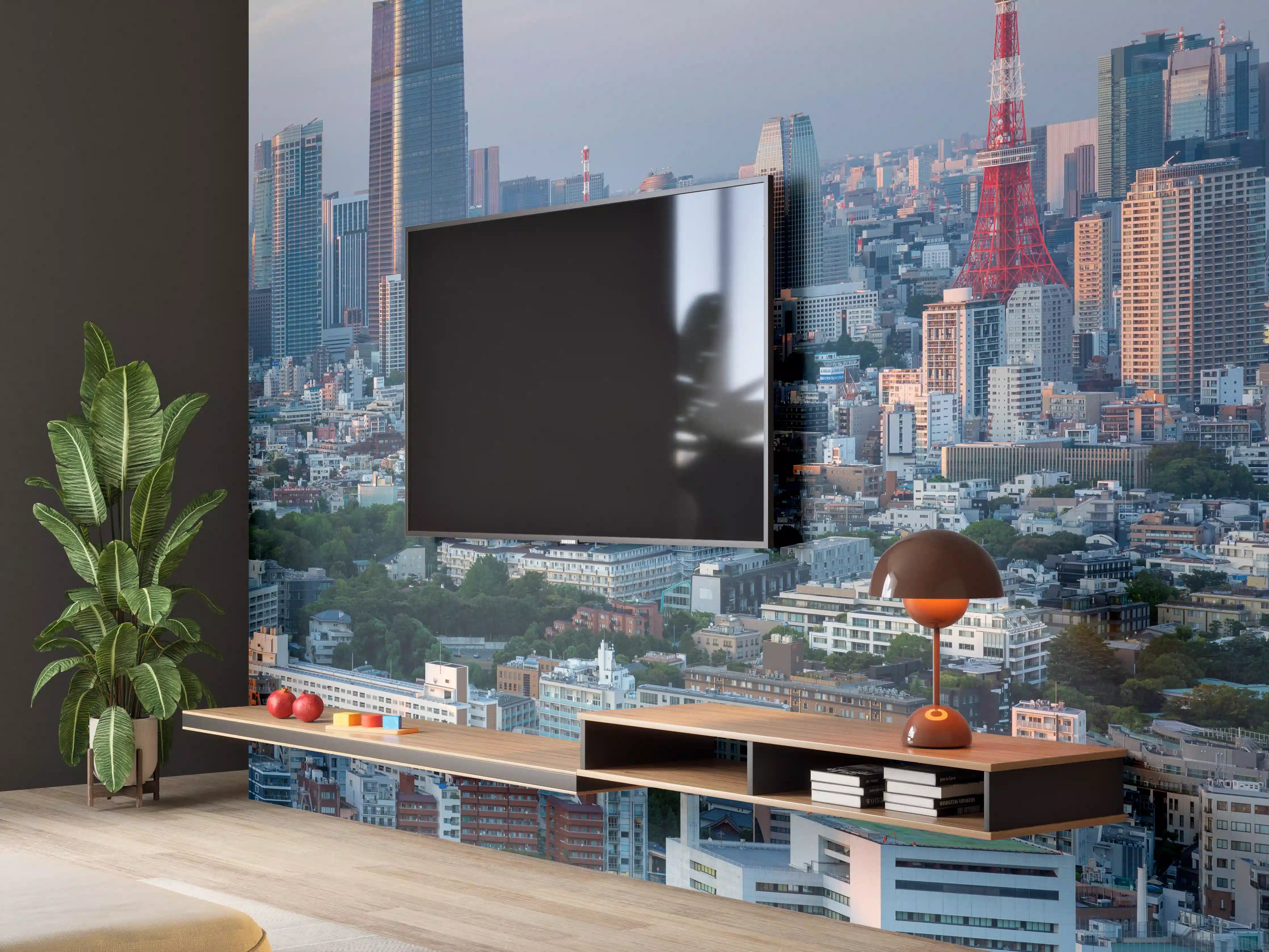 Wandverkleidung Wohnzimmer - Moderne Skyline Tokios bei Sonnenuntergang