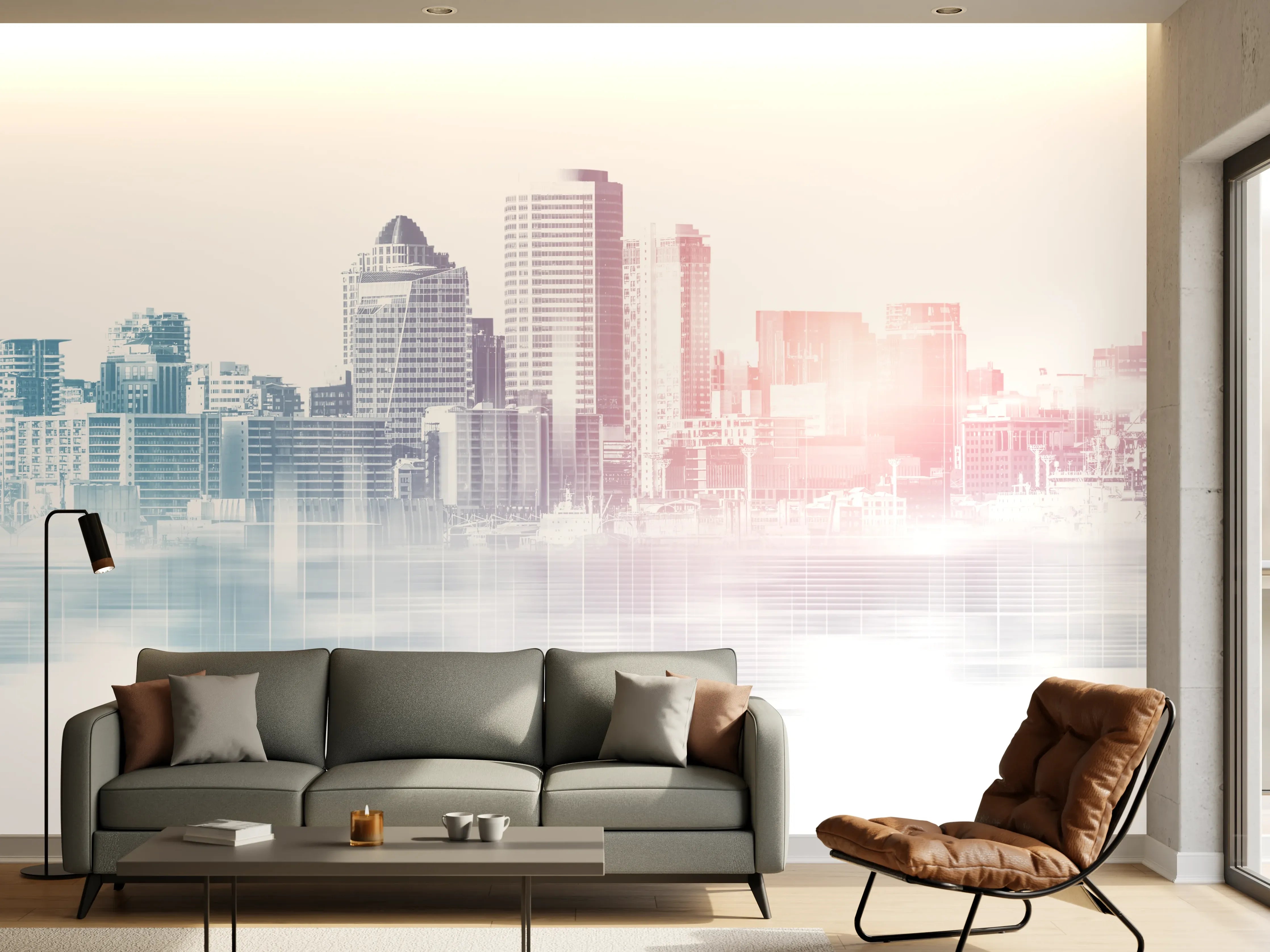 Wandverkleidung Wohnzimmer - Moderne Skyline bei Sonnenaufgang
