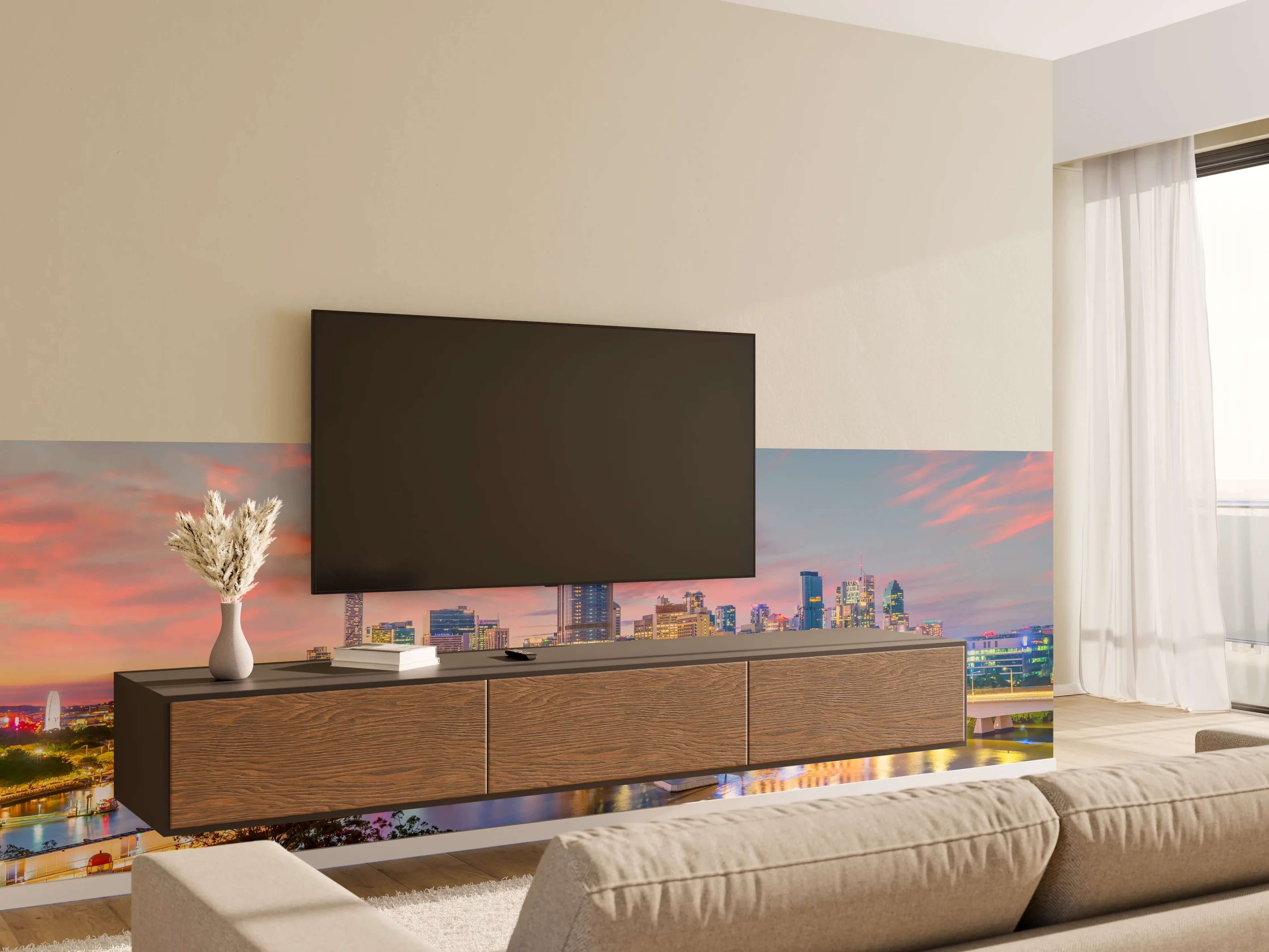 Wandverkleidung Wohnzimmer - Moderne Skyline bei Sonnenuntergang mit Flussblick