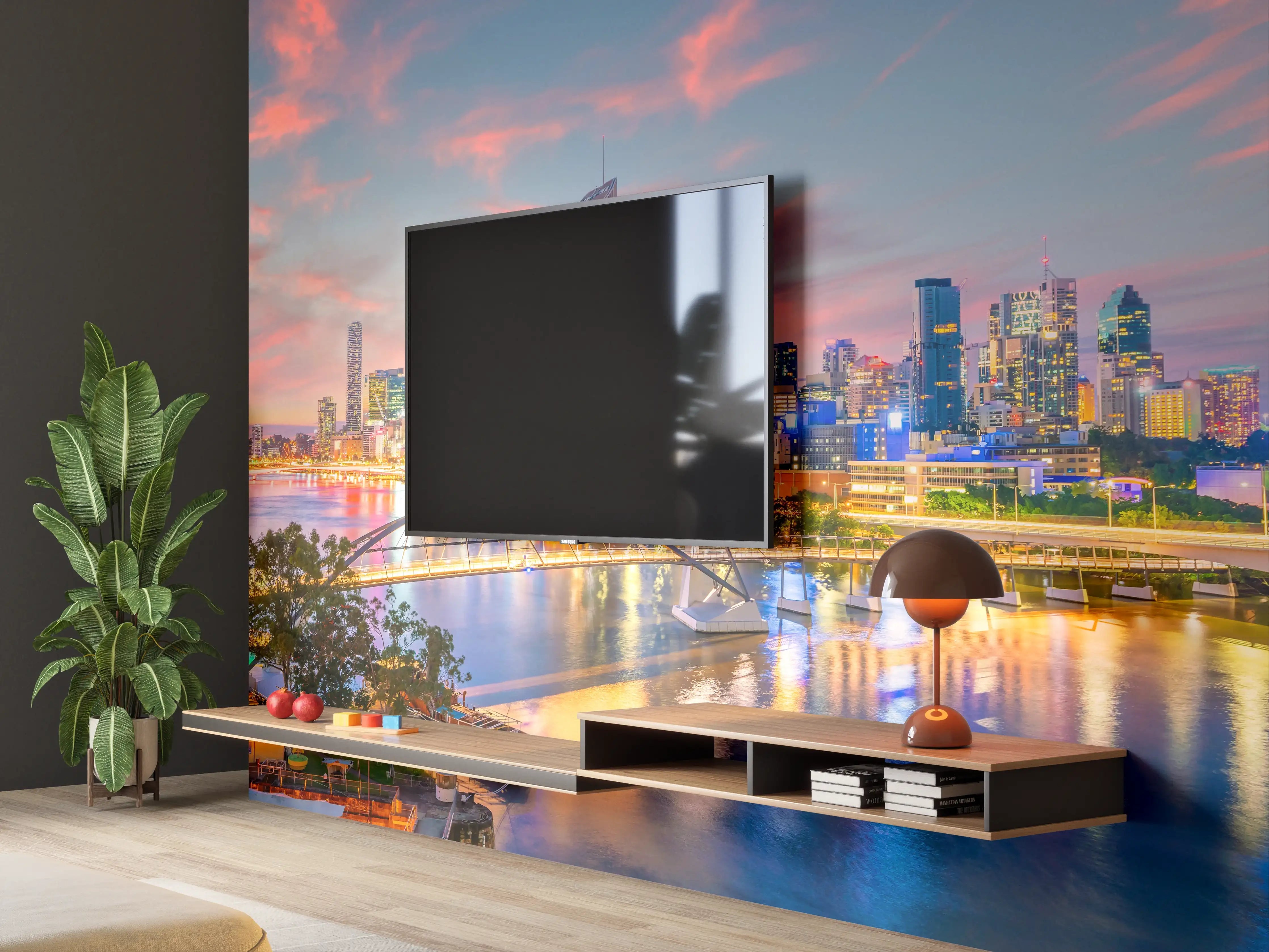 Wandverkleidung Wohnzimmer - Moderne Skyline bei Sonnenuntergang mit Flussblick