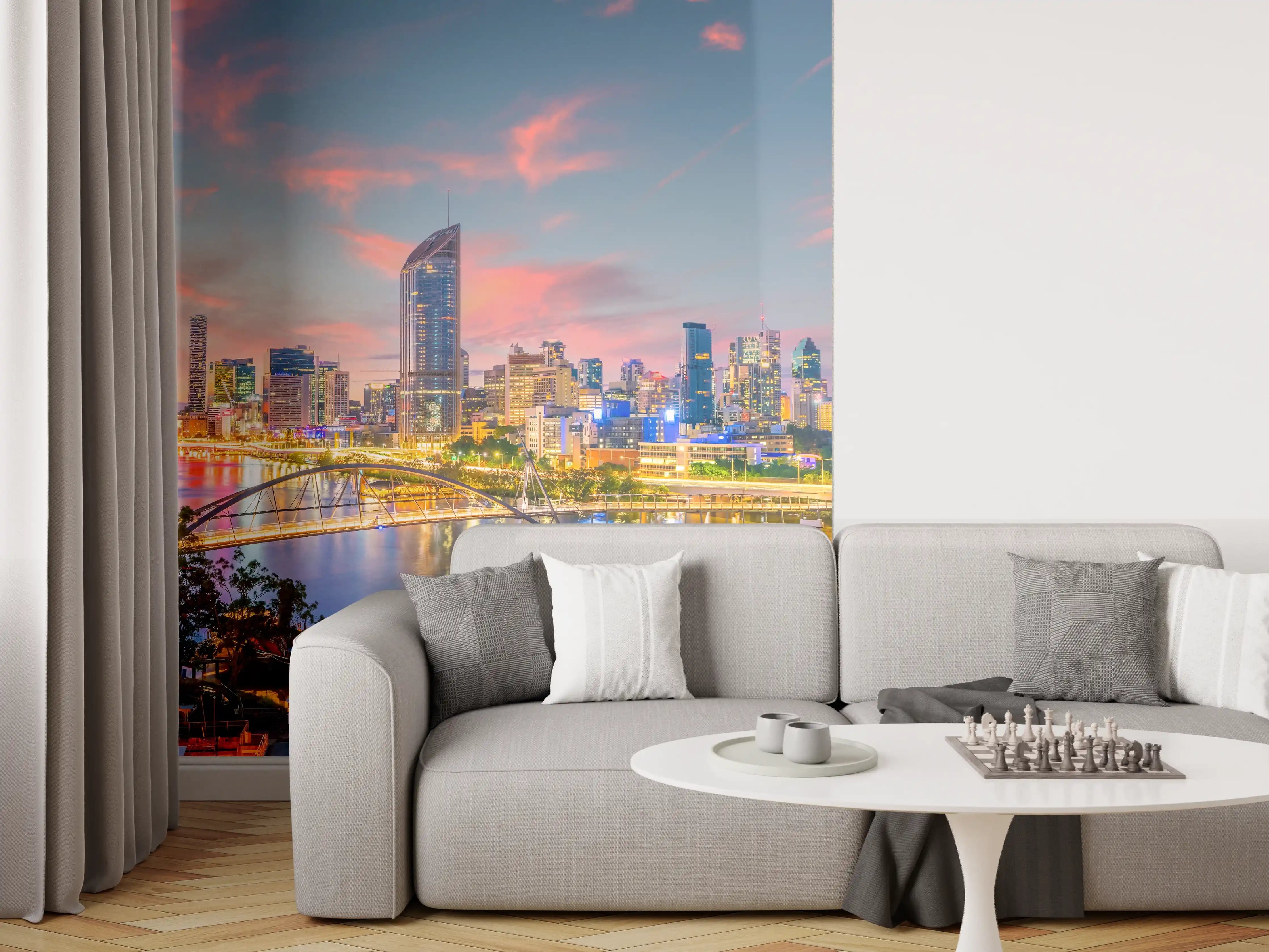 Wandverkleidung Wohnzimmer - Moderne Skyline bei Sonnenuntergang mit Flussblick