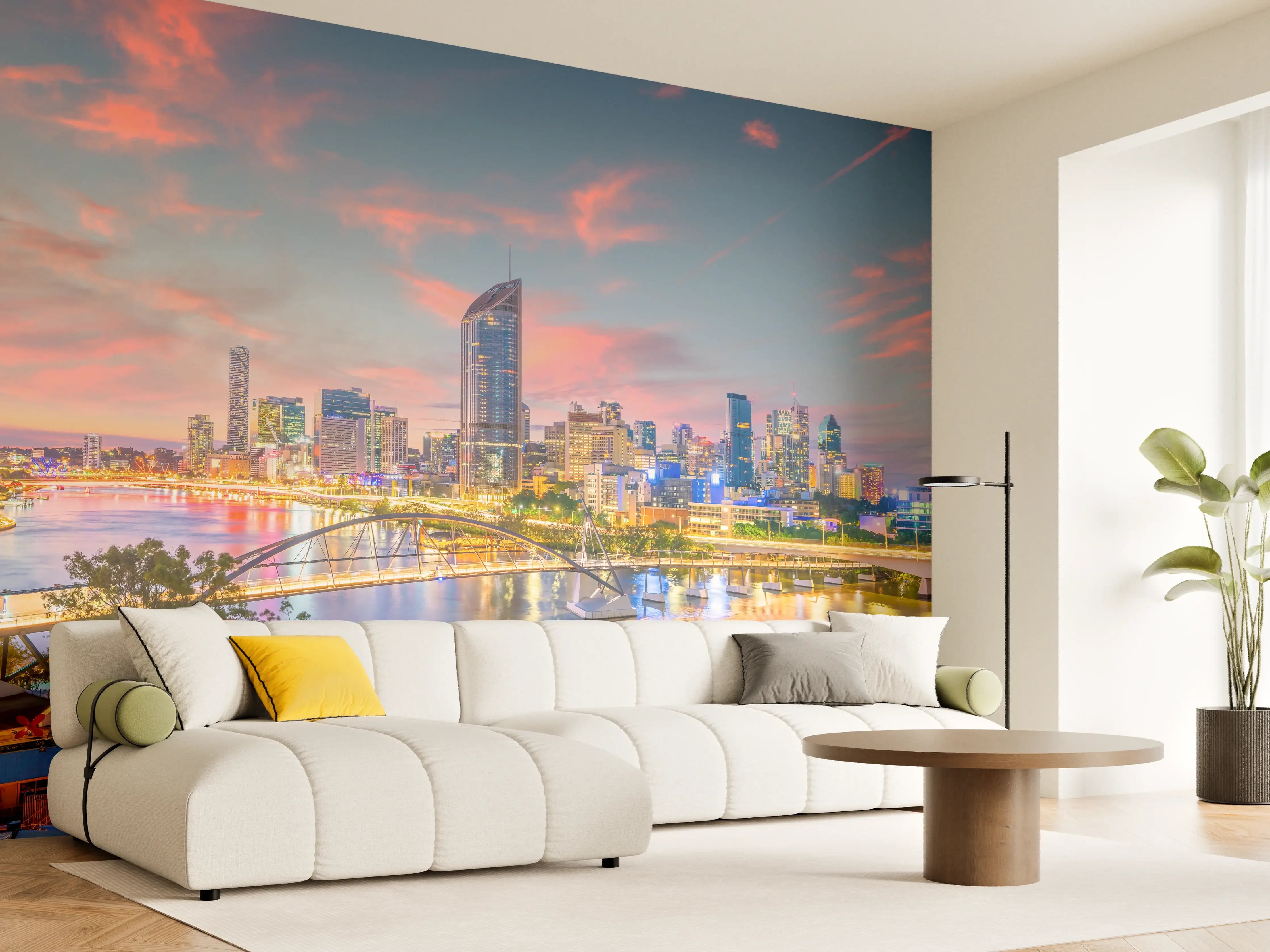 Wandverkleidung Wohnzimmer - Moderne Skyline bei Sonnenuntergang mit Flussblick