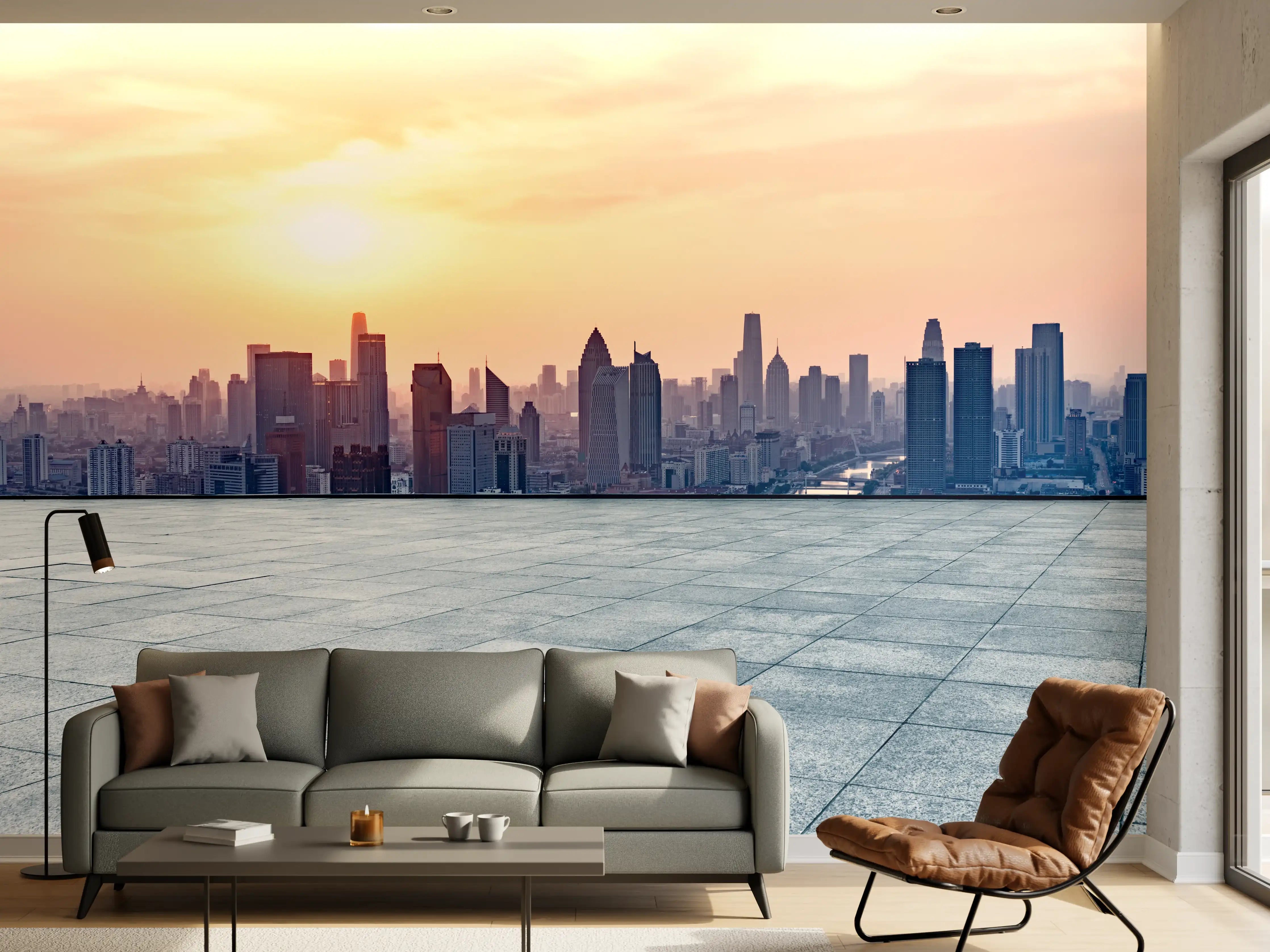 Wandverkleidung Wohnzimmer - Moderne Stadt bei Sonnenuntergang