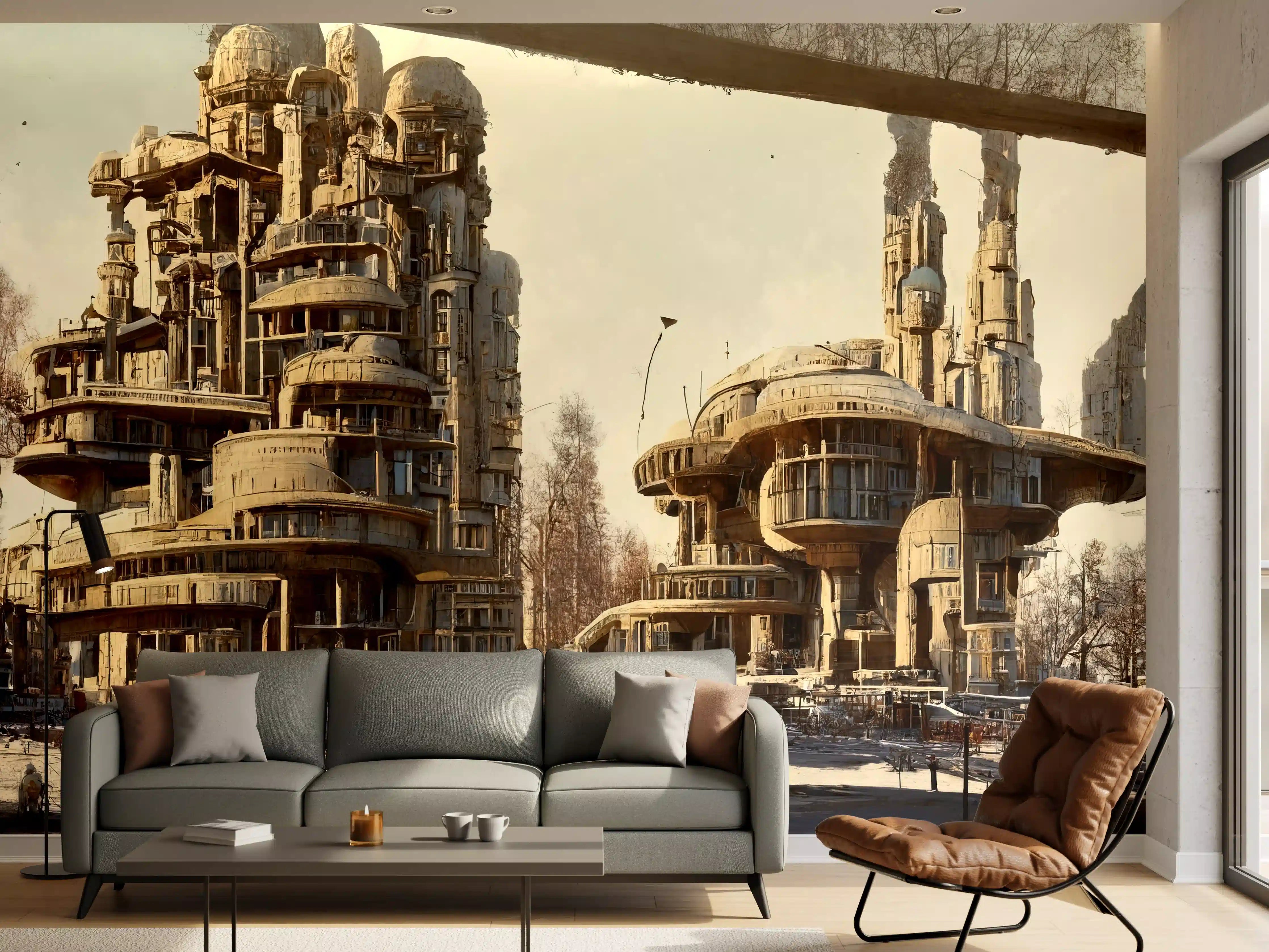 Wandverkleidung Wohnzimmer - Moderne Stadt in der Zukunft