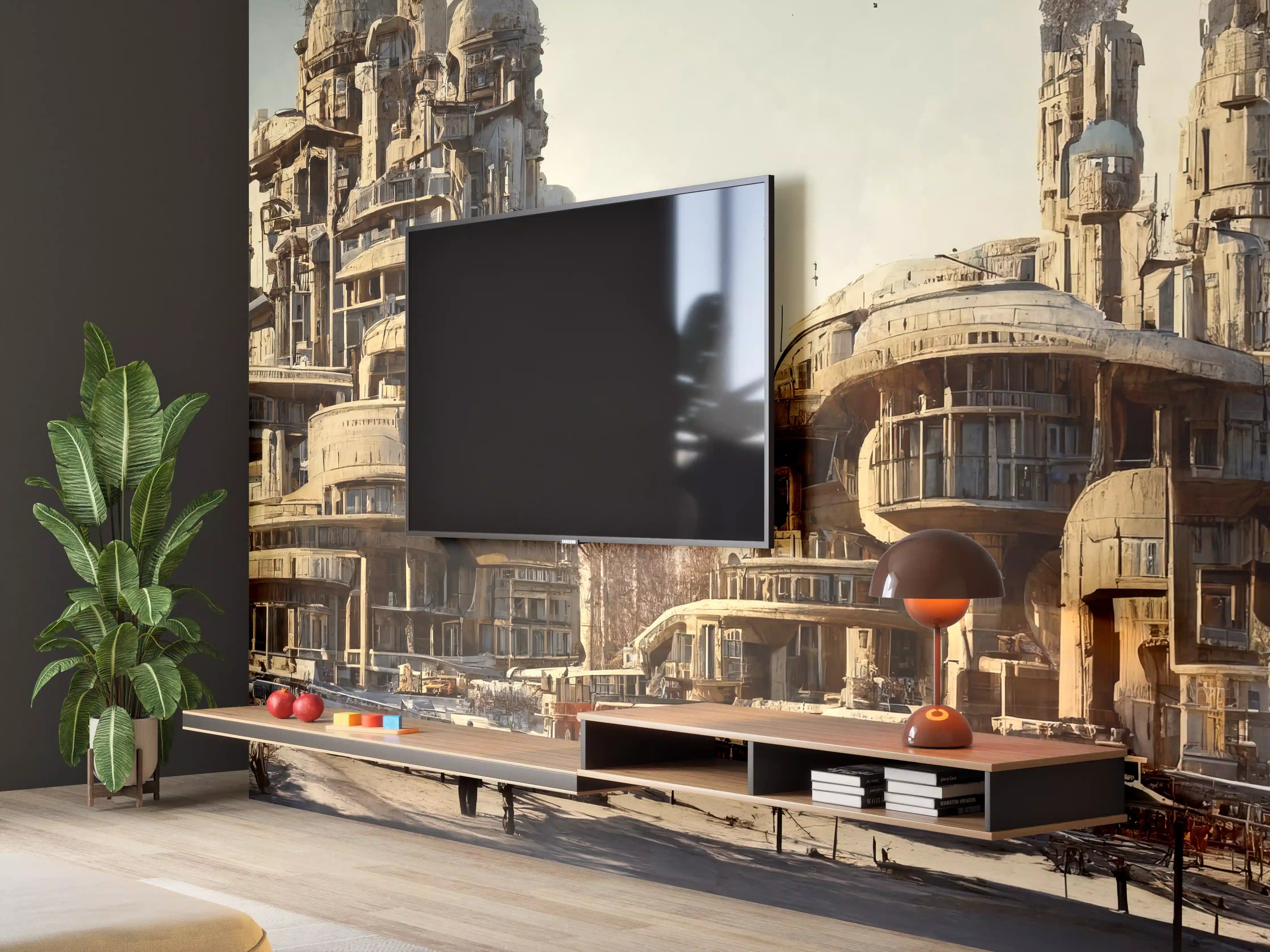 Wandverkleidung Wohnzimmer - Moderne Stadt in der Zukunft
