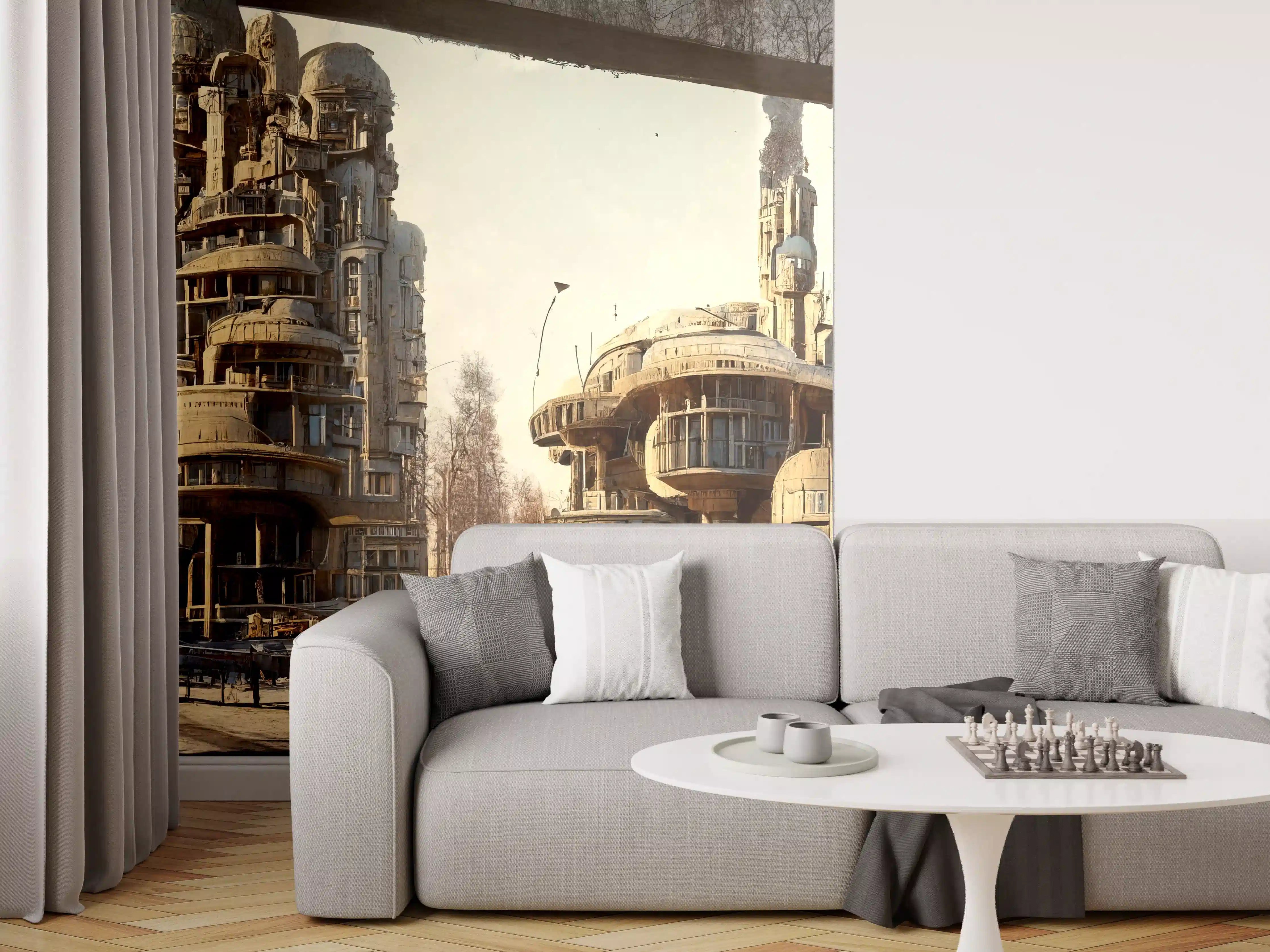 Wandverkleidung Wohnzimmer - Moderne Stadt in der Zukunft