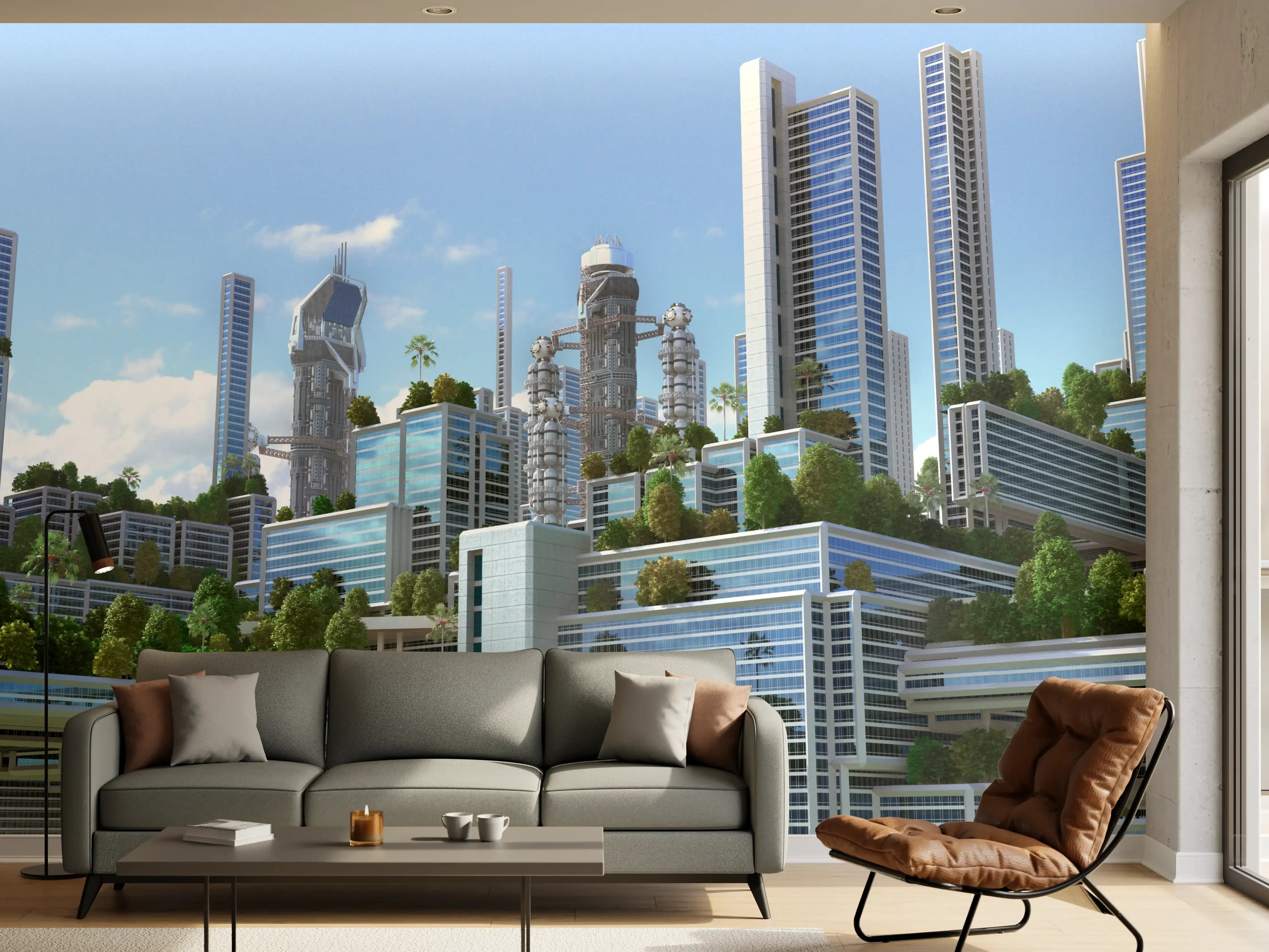 Wandverkleidung Wohnzimmer - Moderne Stadtarchitektur mit Hochhäusern und grünen Elementen