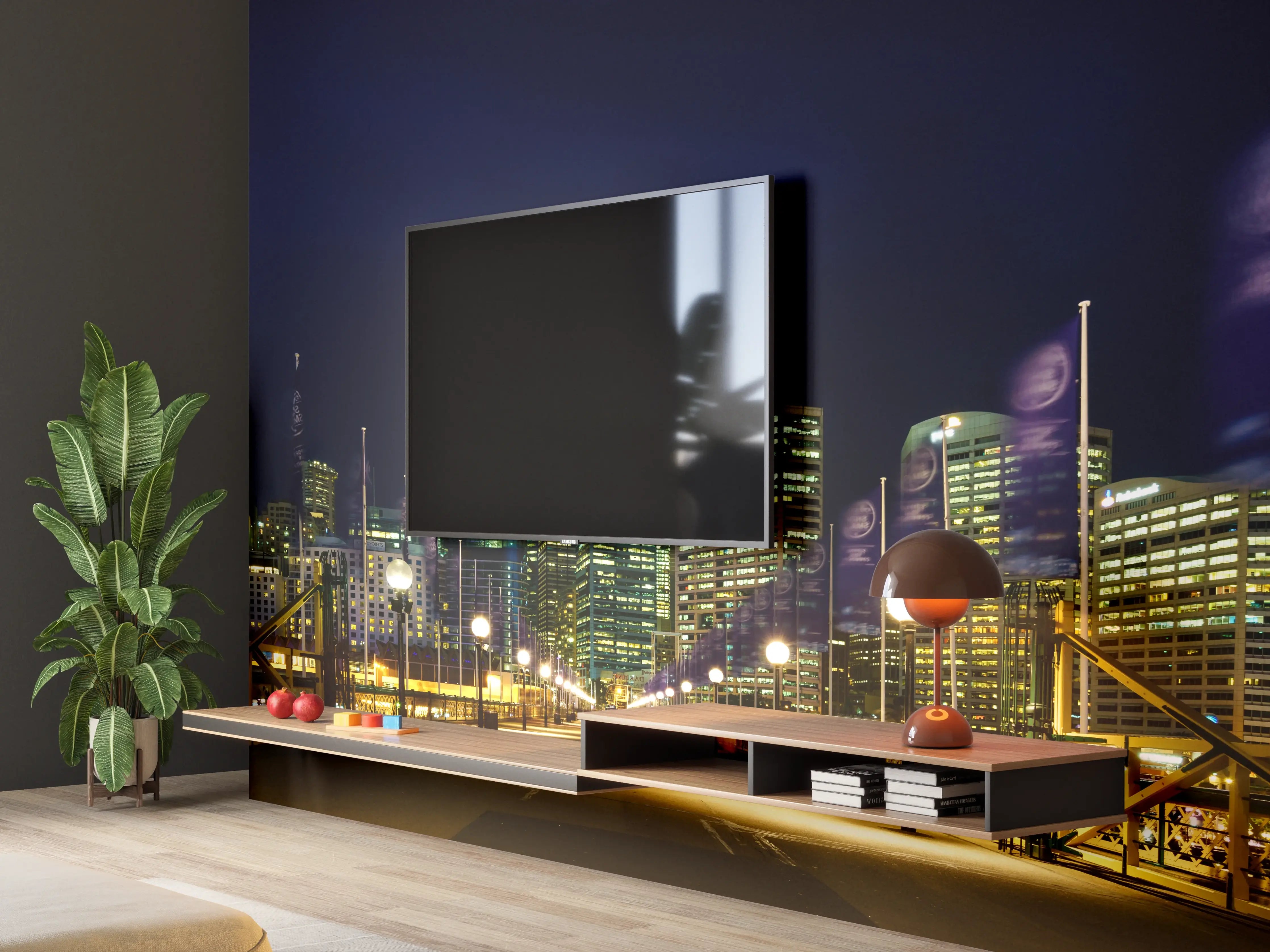 Wandverkleidung Wohnzimmer - Moderne Stadtsilhouetten bei Nacht