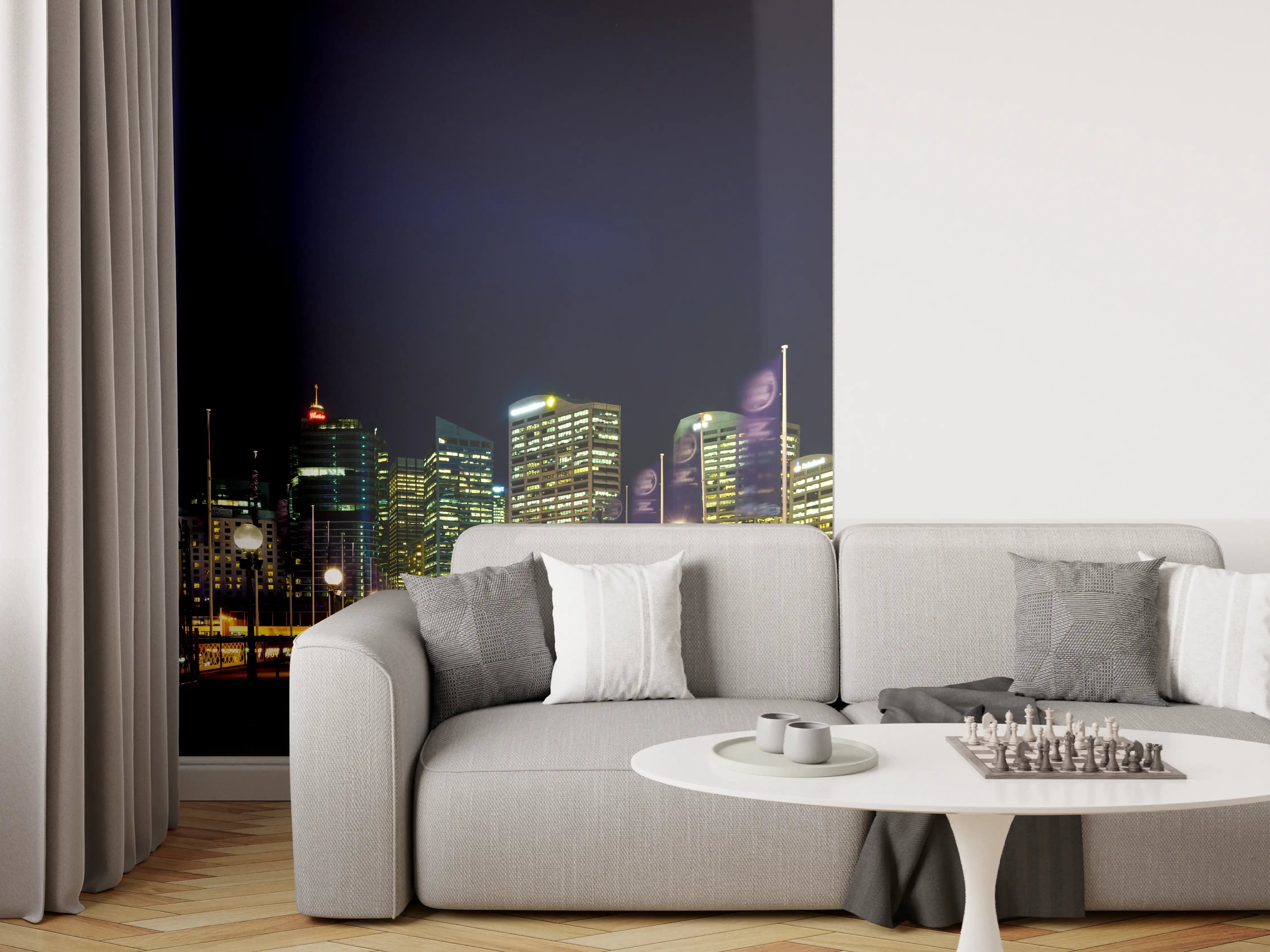 Wandverkleidung Wohnzimmer - Moderne Stadtsilhouetten bei Nacht