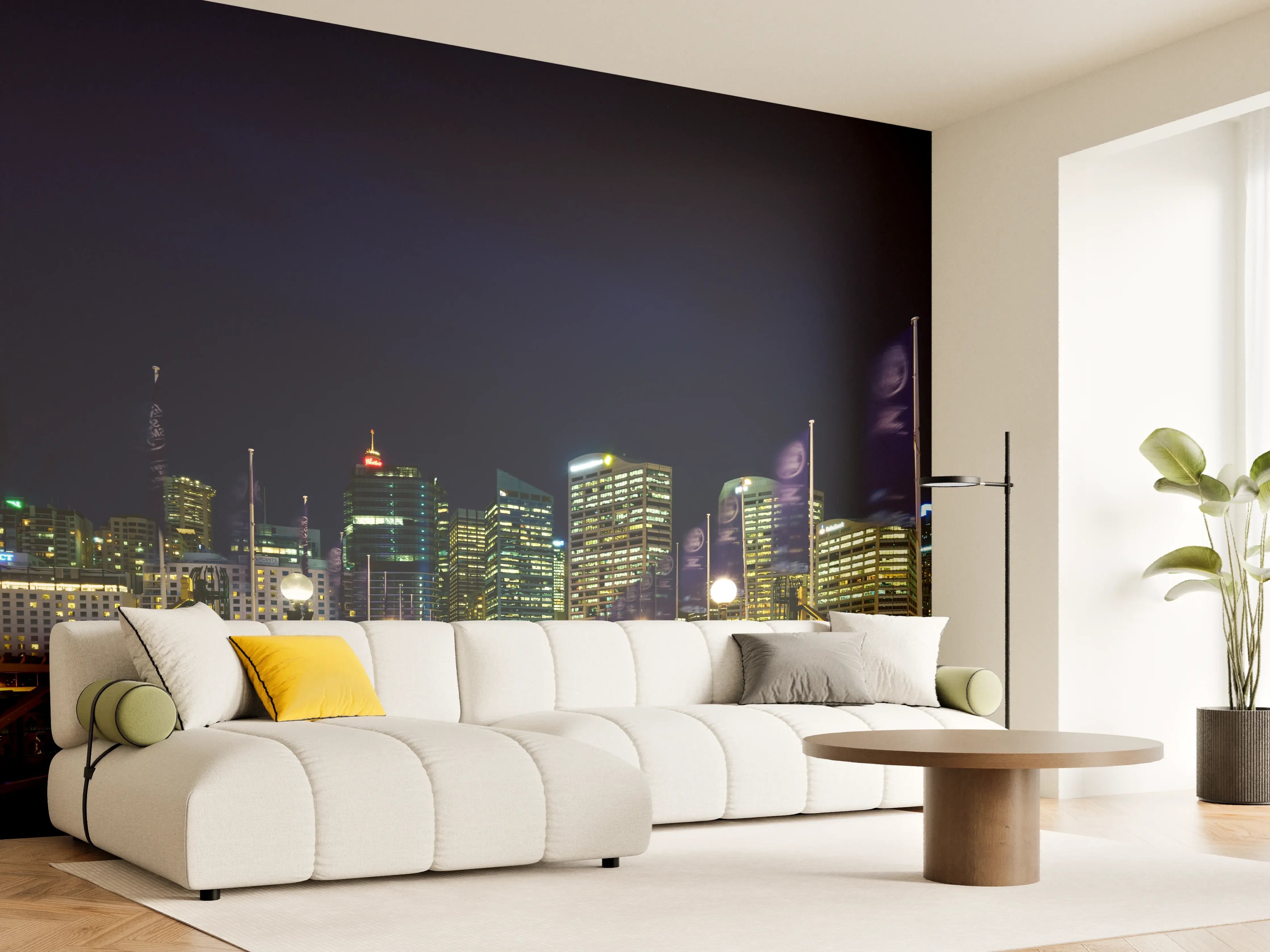 Wandverkleidung Wohnzimmer - Moderne Stadtsilhouetten bei Nacht