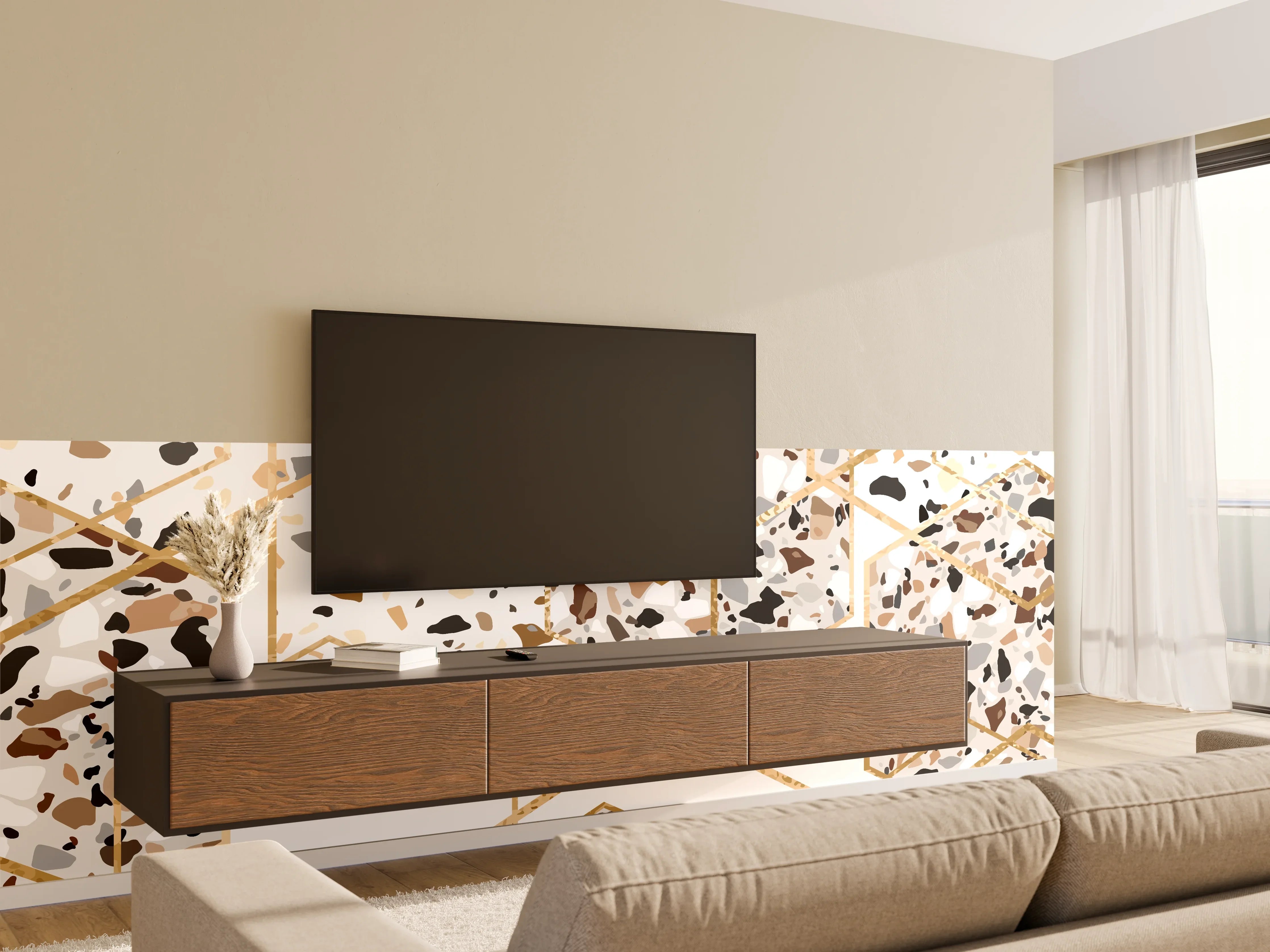 Wandverkleidung Wohnzimmer - Moderne Terrazzo-Optik Fliesen