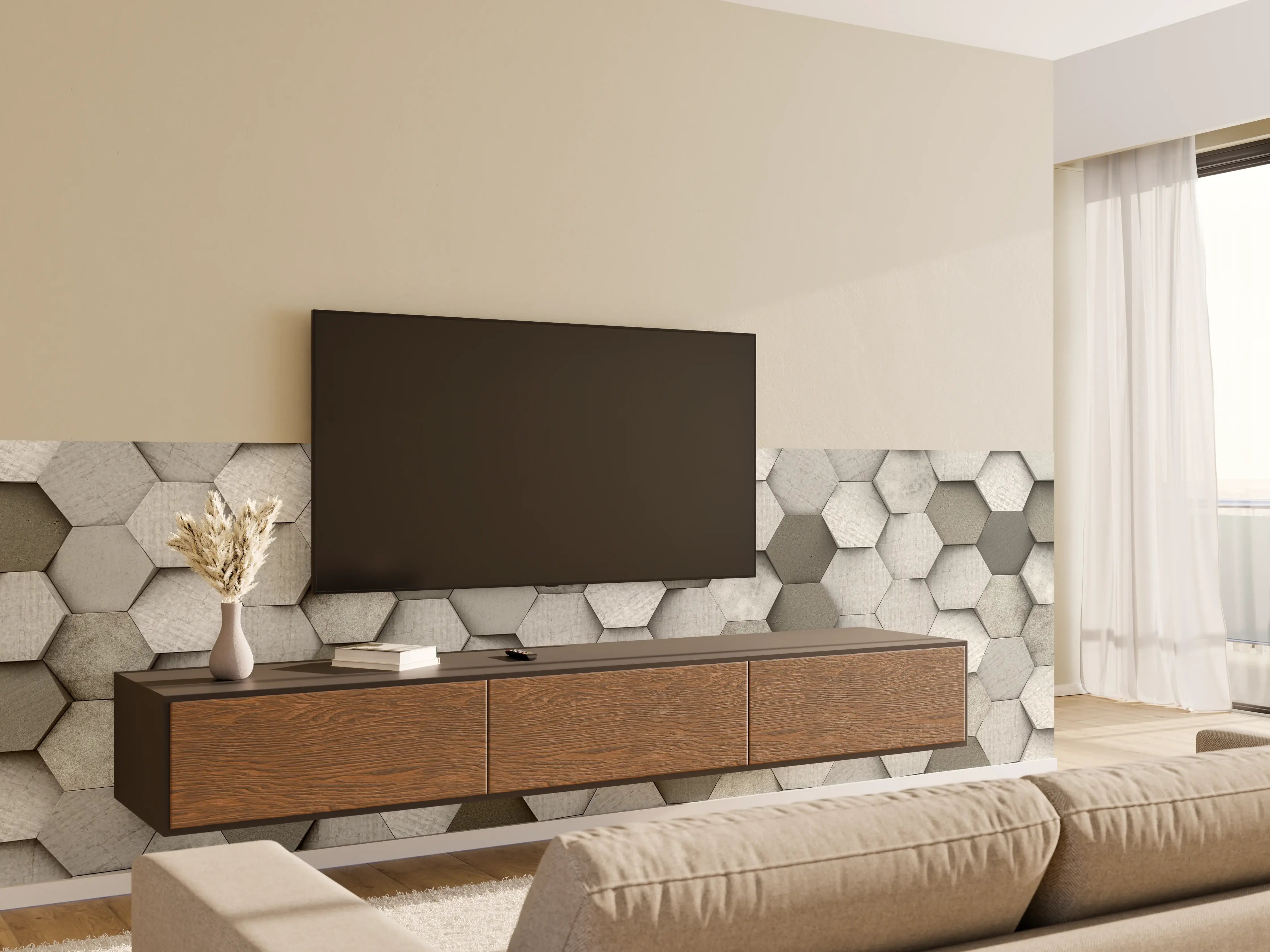 Wandverkleidung Wohnzimmer - Moderne Wandgestaltung mit Hexagon-Fliesen