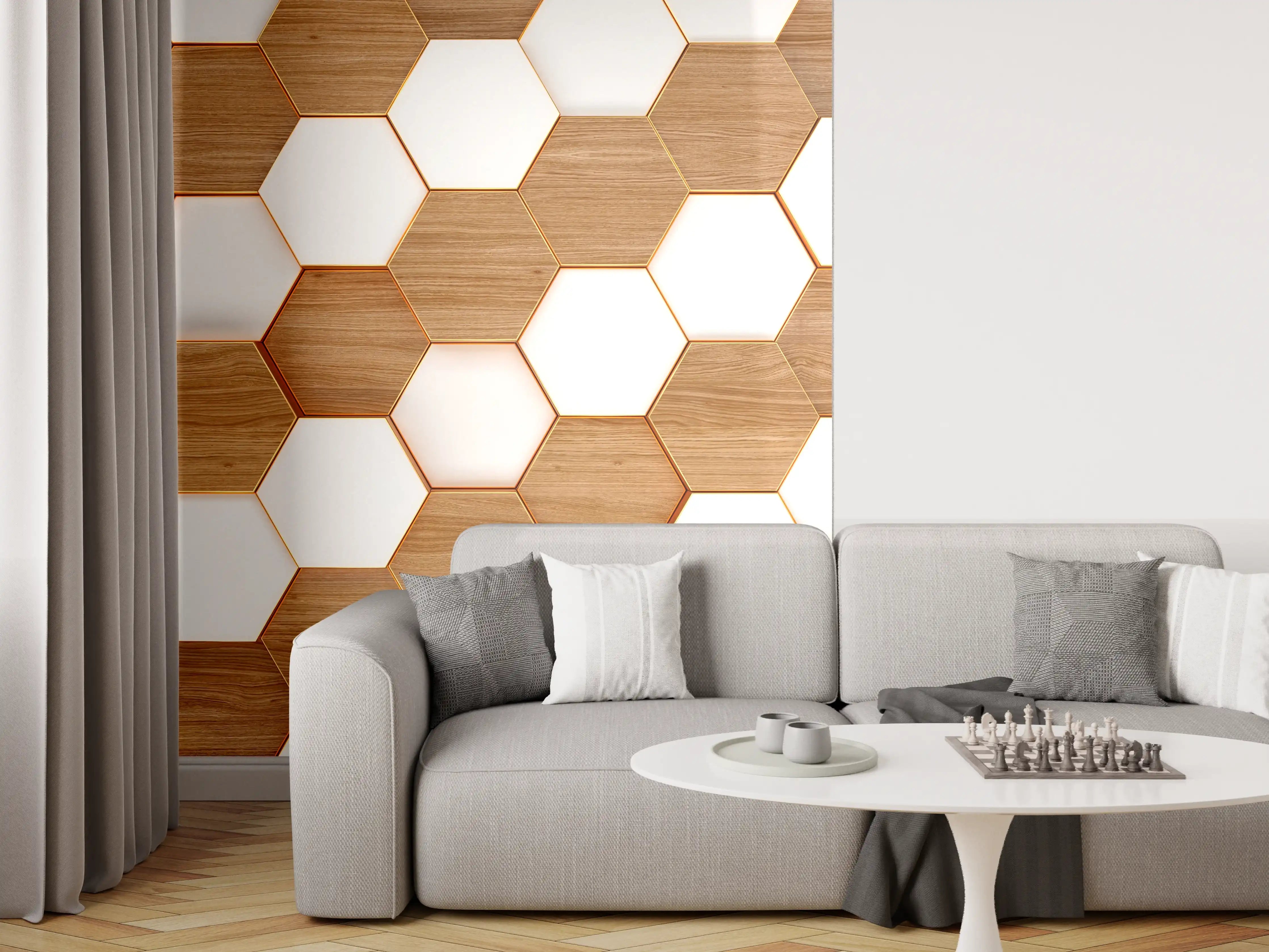 Wandverkleidung Wohnzimmer - Moderne Wandgestaltung mit Holz- und Weißton