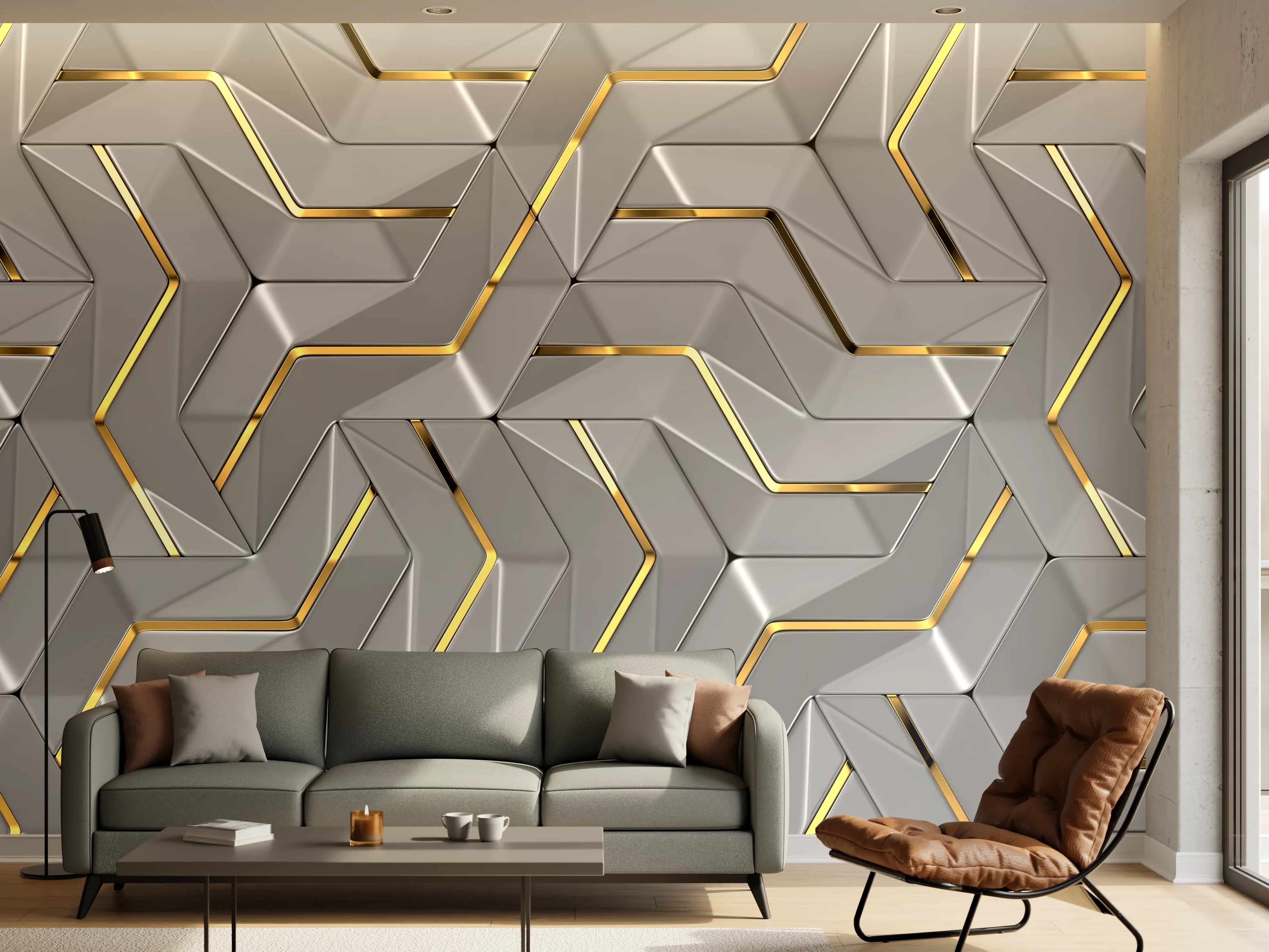 Wandverkleidung Wohnzimmer - Moderne Wandtextur - Gold Akzente