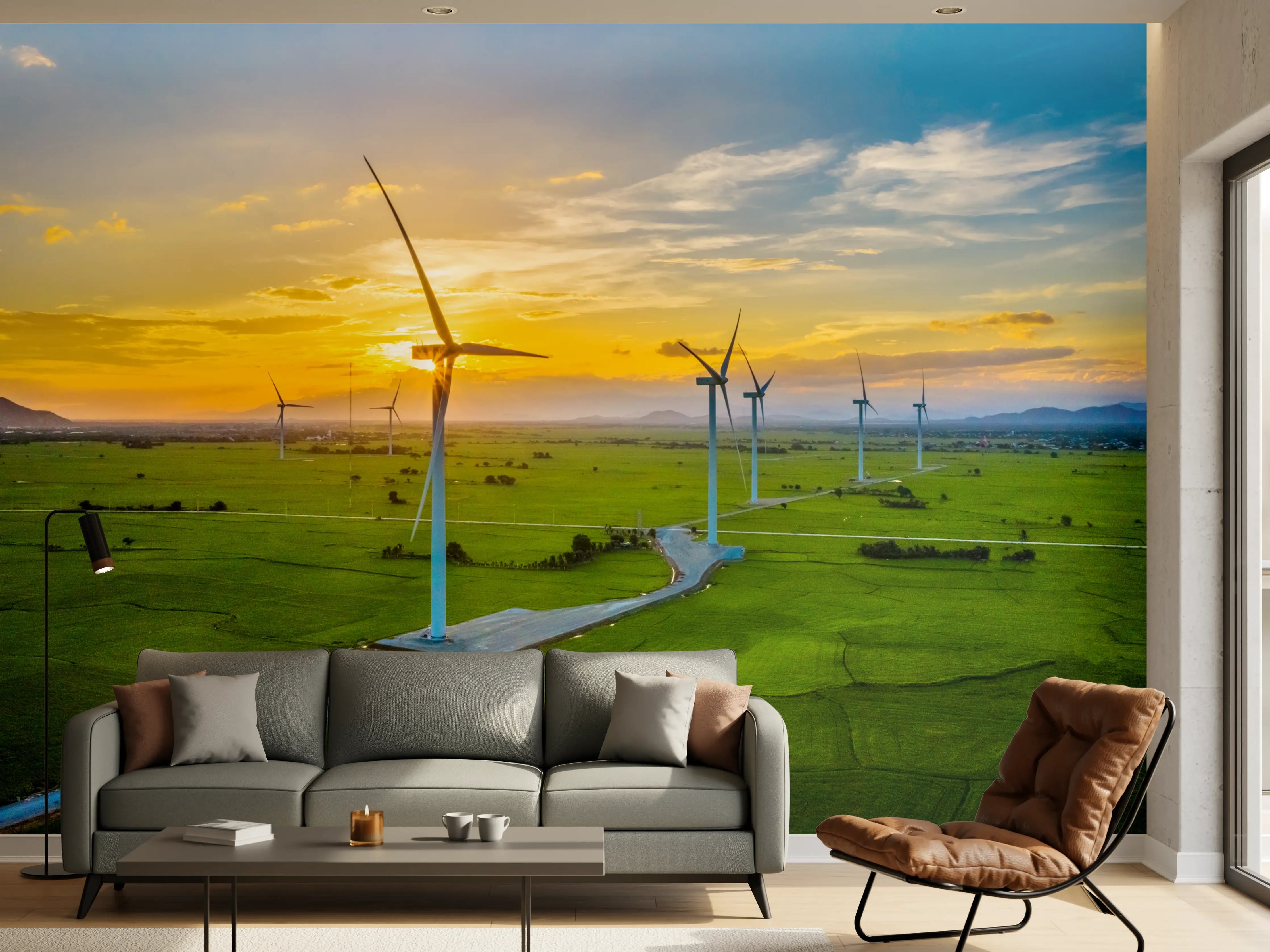 Wandverkleidung Wohnzimmer - Moderne Windkraftanlage bei Sonnenuntergang