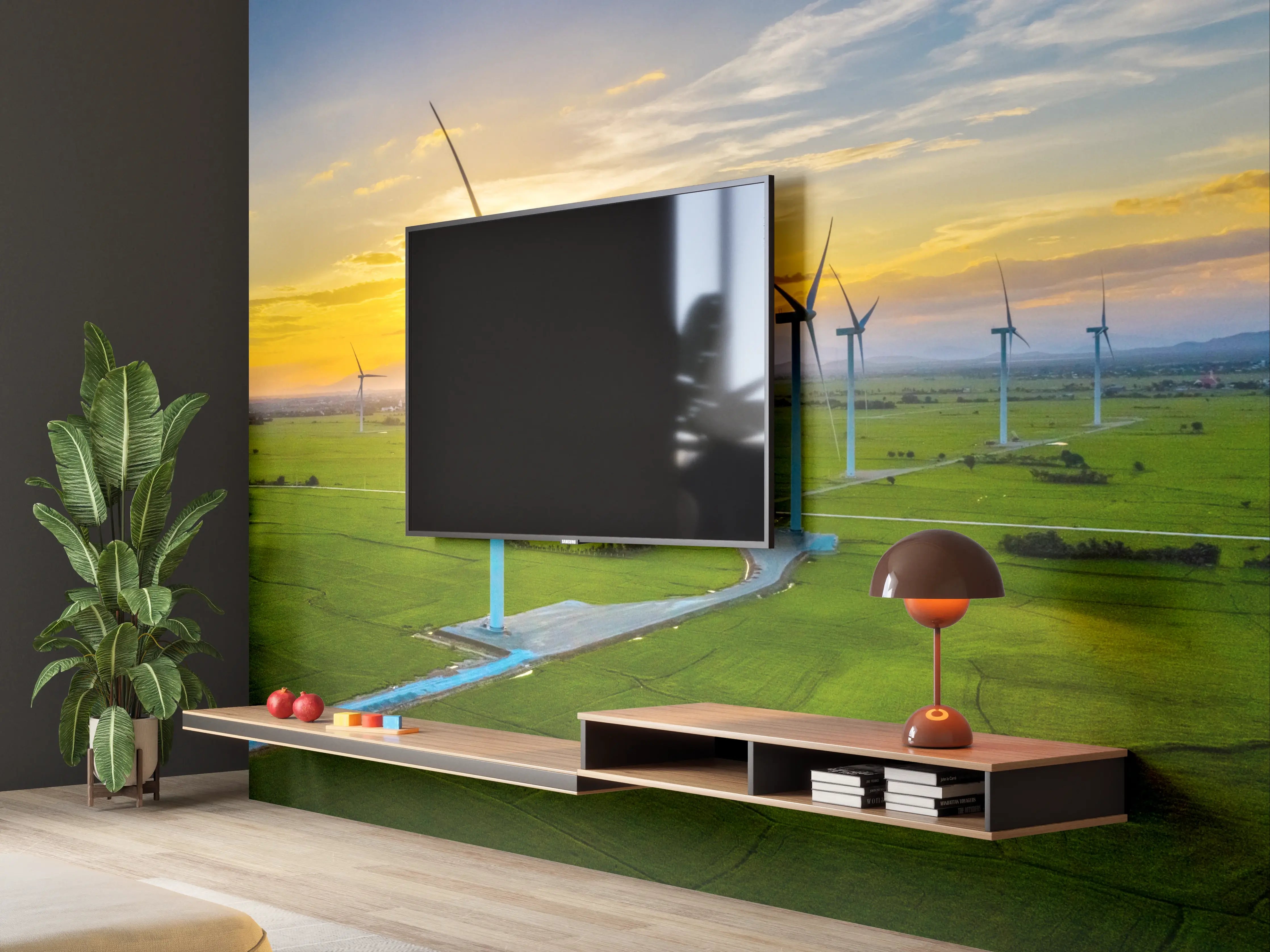 Wandverkleidung Wohnzimmer - Moderne Windkraftanlage bei Sonnenuntergang