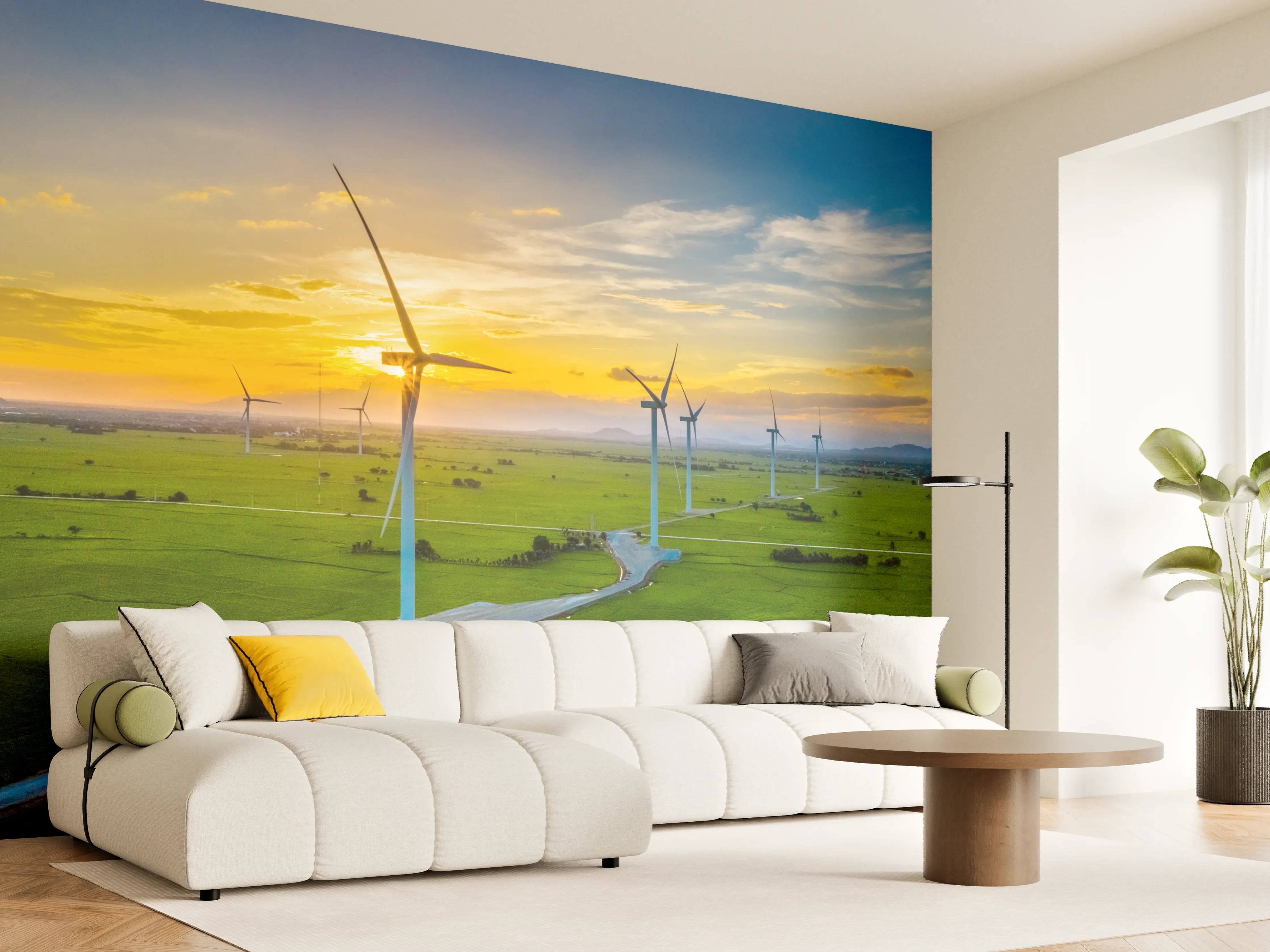 Wandverkleidung Wohnzimmer - Moderne Windkraftanlage bei Sonnenuntergang