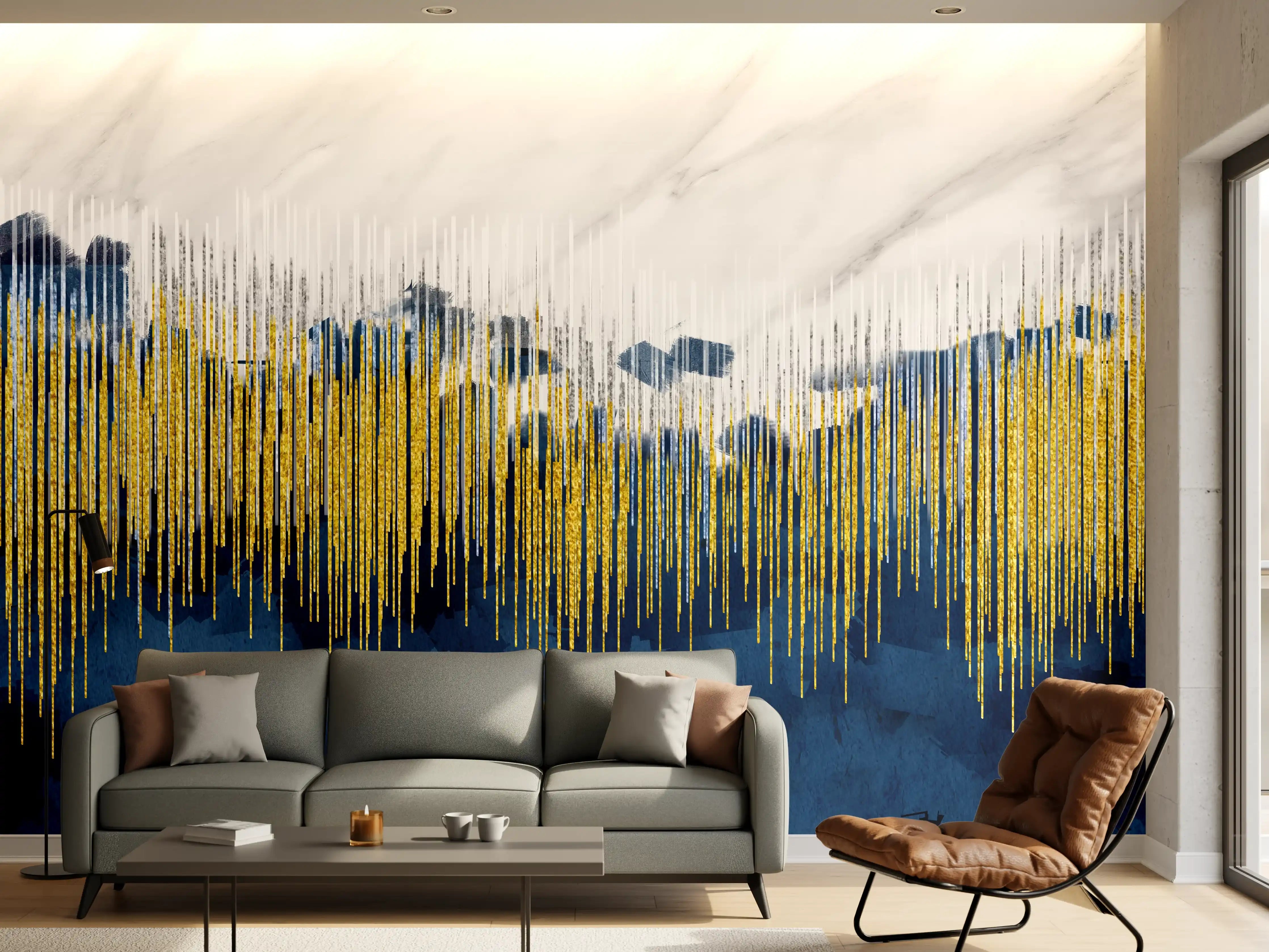 Wandverkleidung Wohnzimmer - Moderne abstrakte Kunst mit Goldakzenten