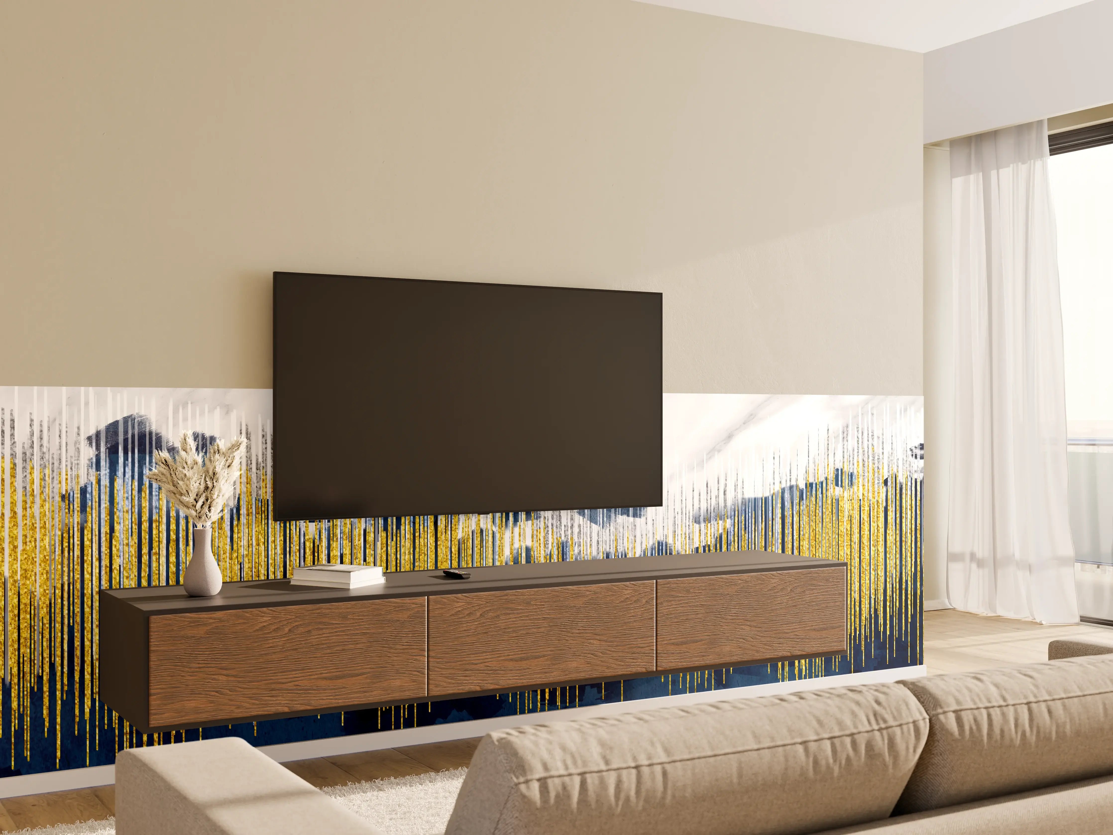 Wandverkleidung Wohnzimmer - Moderne abstrakte Kunst mit Goldakzenten