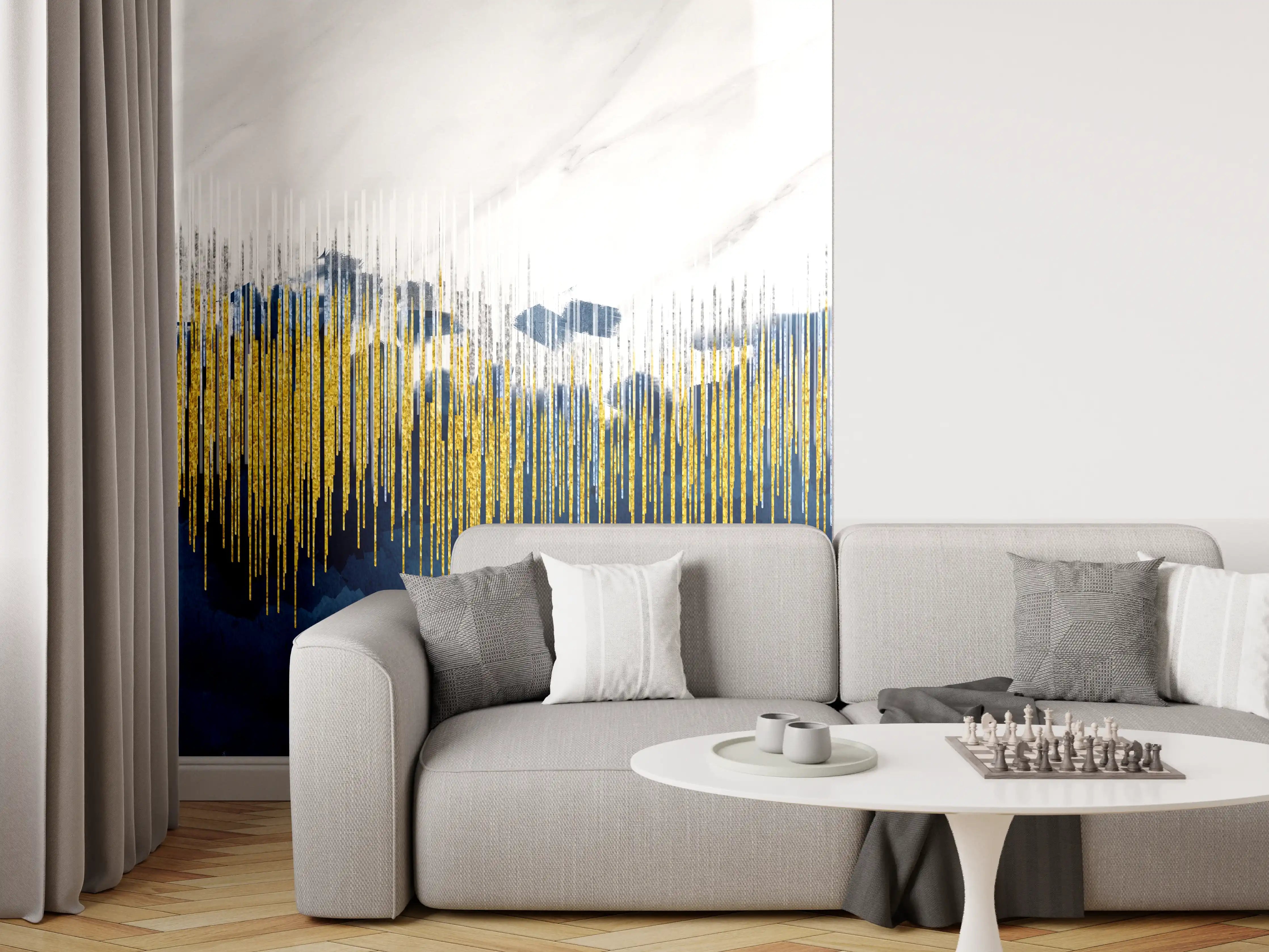 Wandverkleidung Wohnzimmer - Moderne abstrakte Kunst mit Goldakzenten