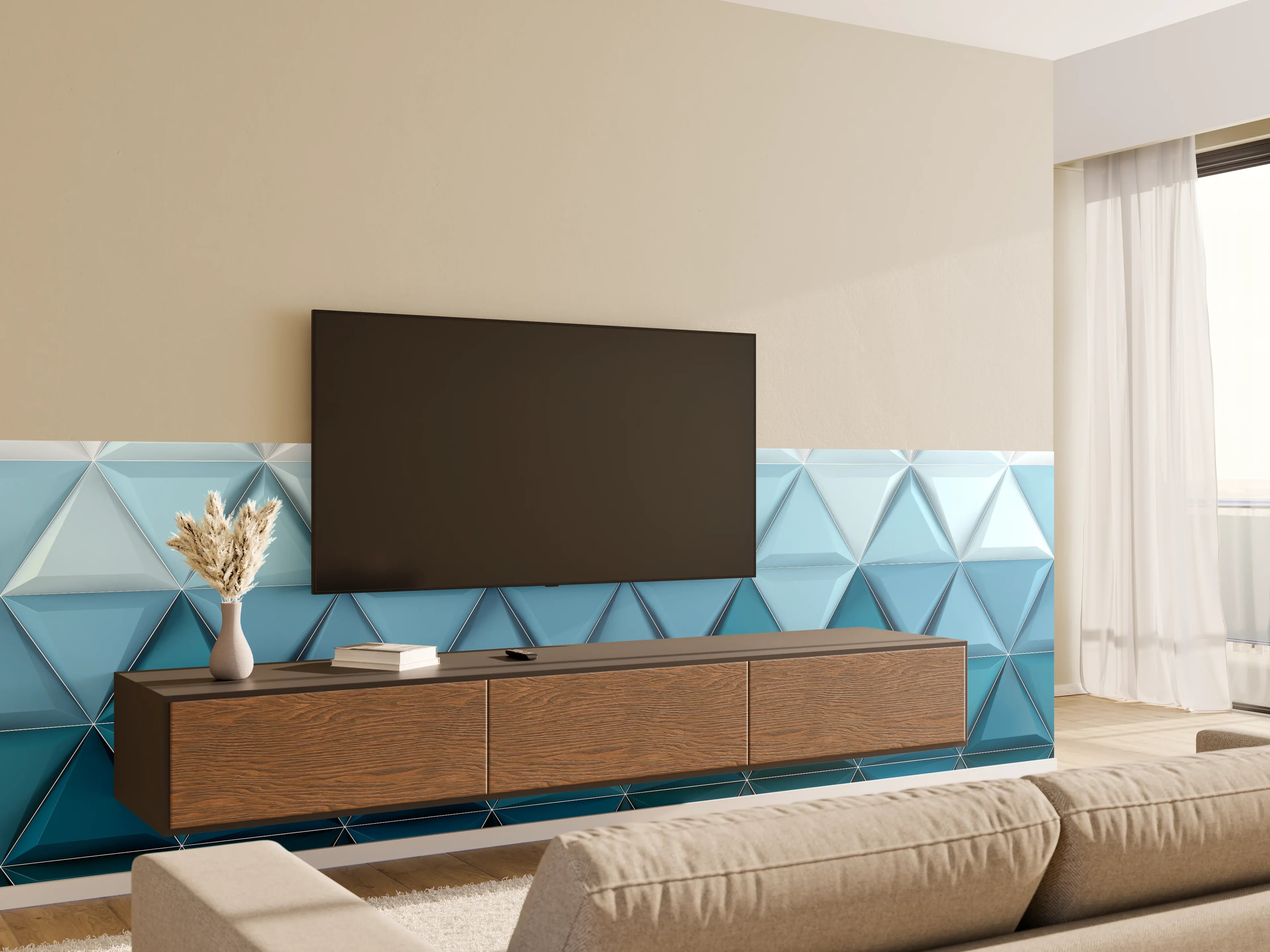 Wandverkleidung Wohnzimmer - Moderne blaue 3D Wanddekoration