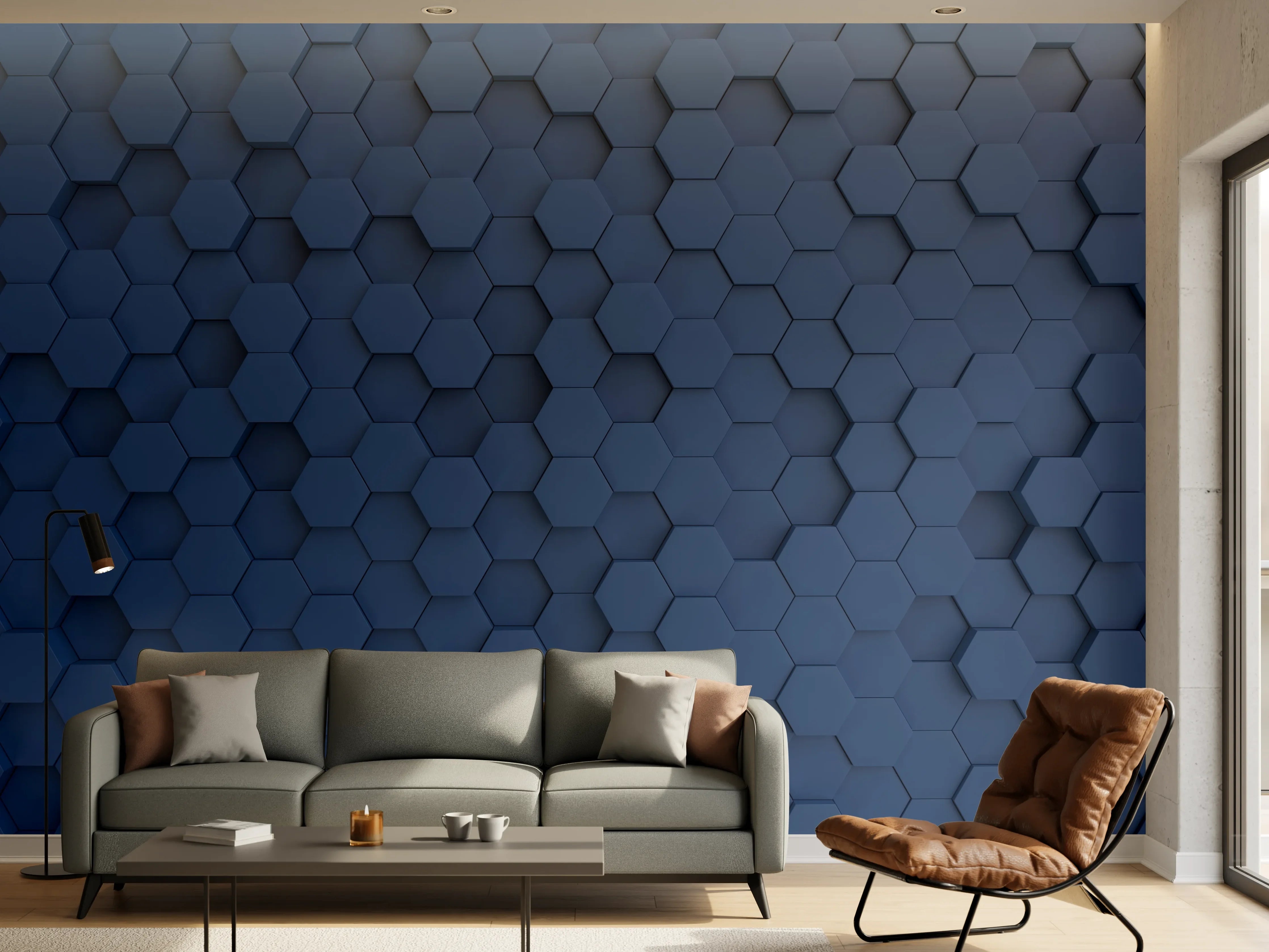 Wandverkleidung Wohnzimmer - Moderne blaue Hexagon-Fliese