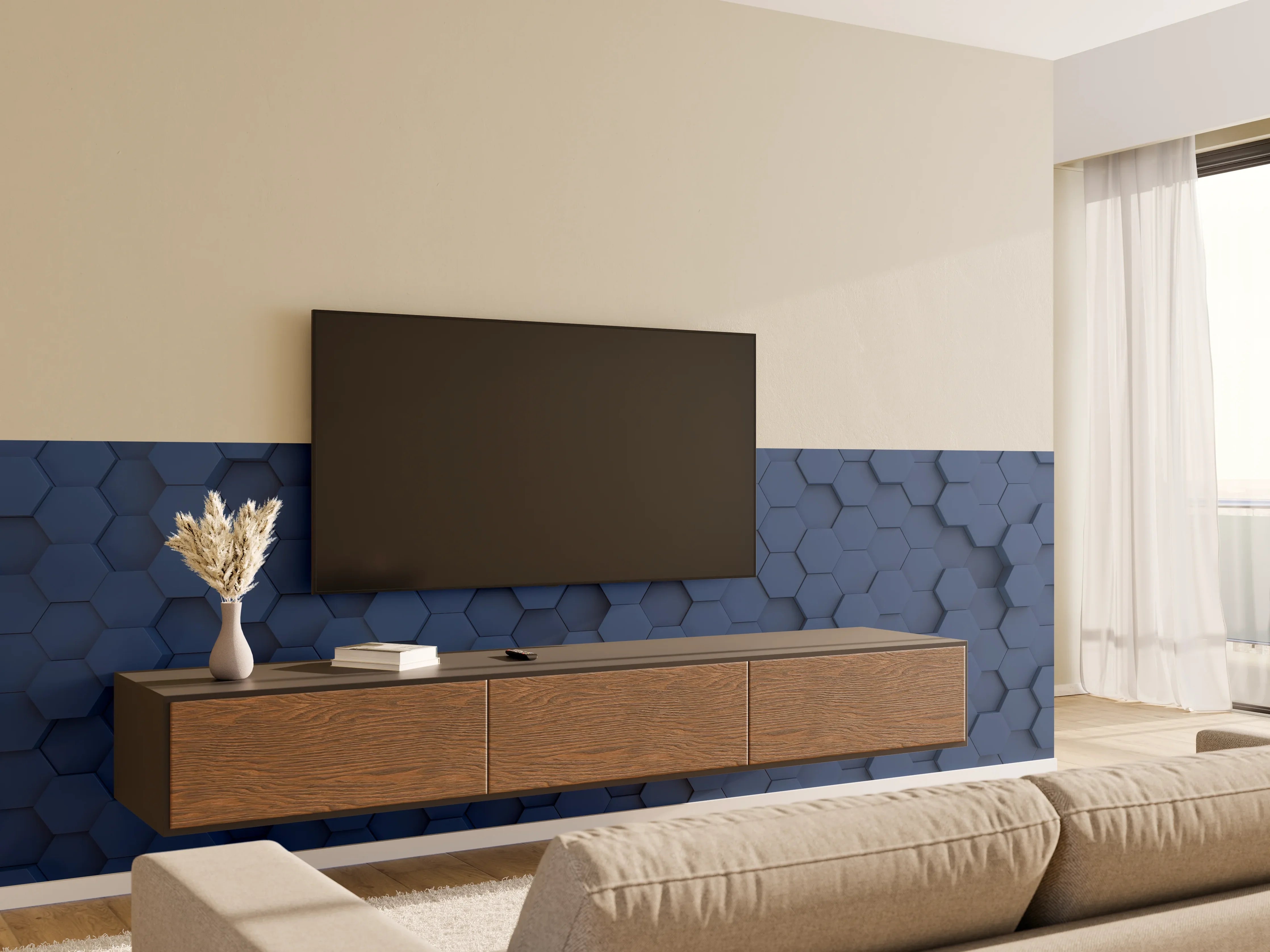 Wandverkleidung Wohnzimmer - Moderne blaue Hexagon-Fliese