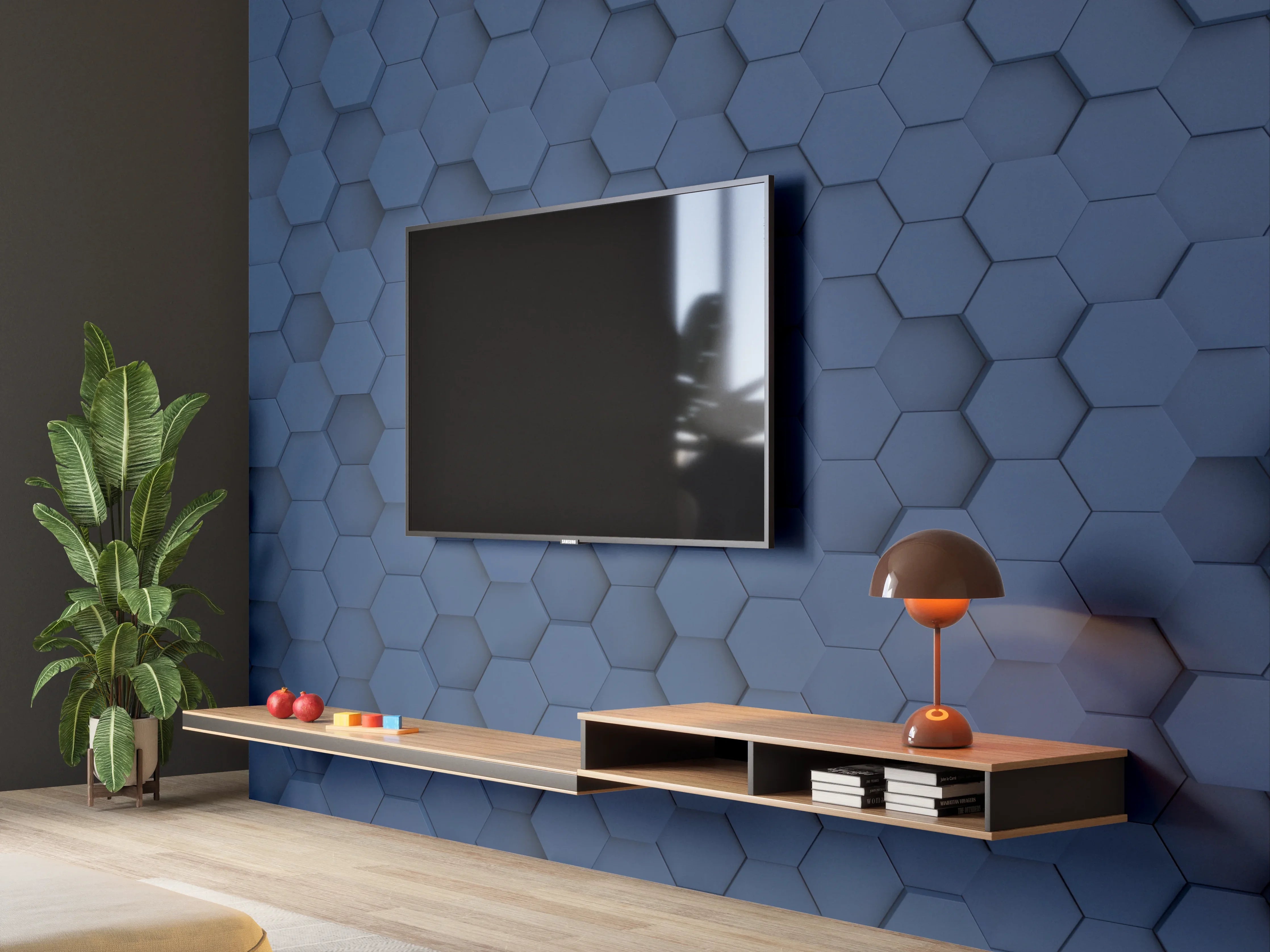 Wandverkleidung Wohnzimmer - Moderne blaue Hexagon-Fliese