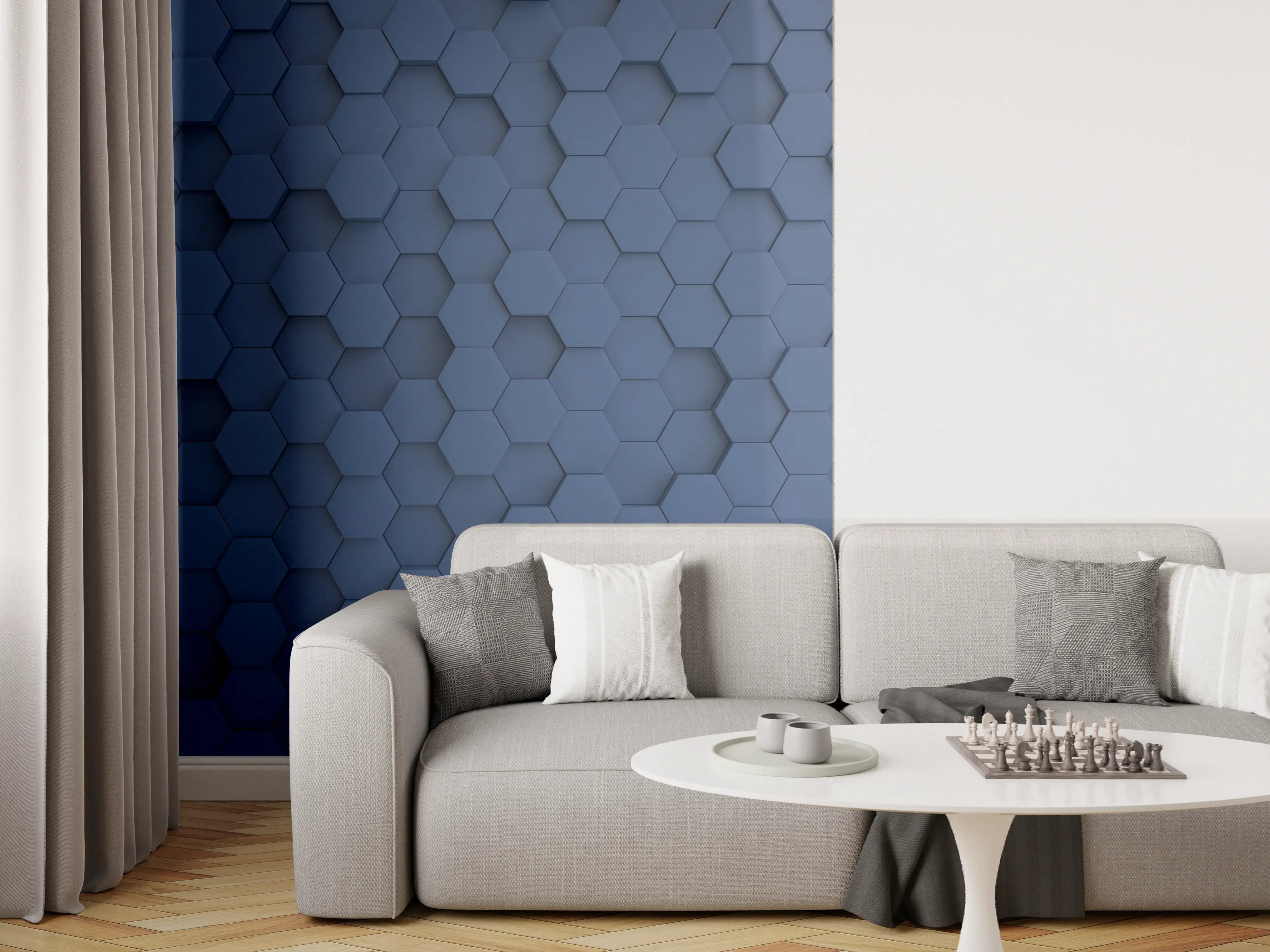 Wandverkleidung Wohnzimmer - Moderne blaue Hexagon-Fliese