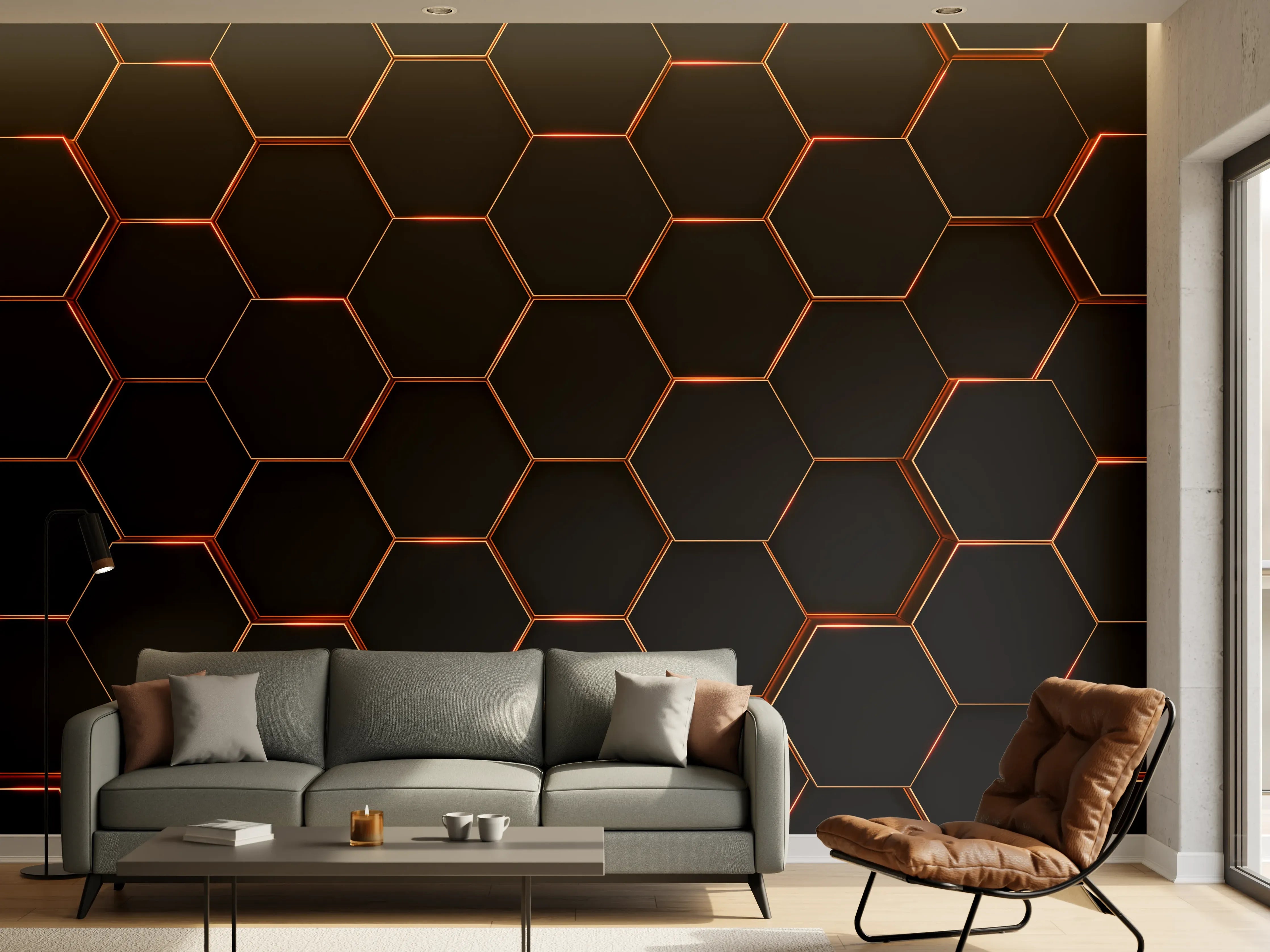 Wandverkleidung Wohnzimmer - Moderne dunkle Hexagon-Optik mit Kupferakzenten