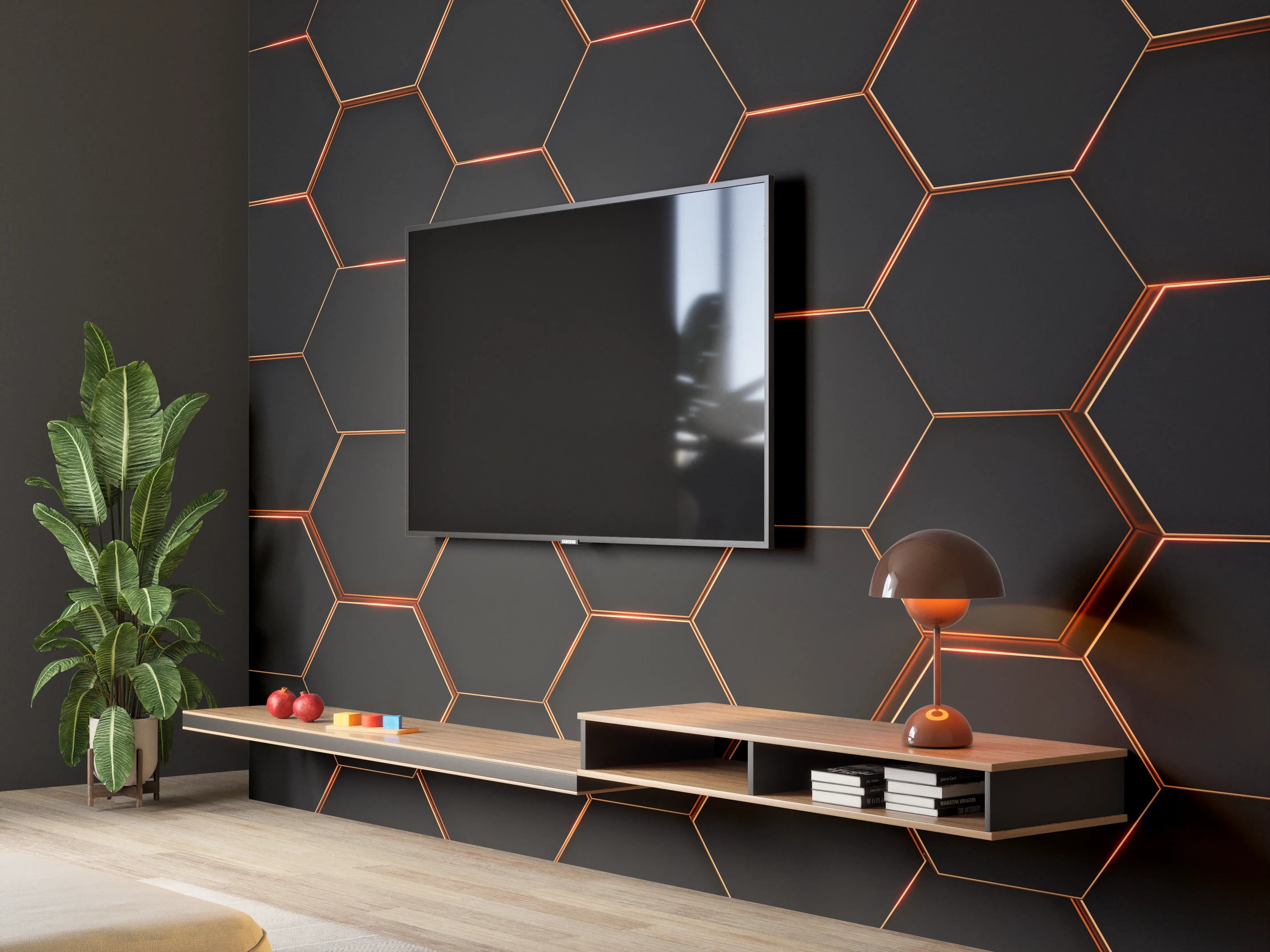 Wandverkleidung Wohnzimmer - Moderne dunkle Hexagon-Optik mit Kupferakzenten
