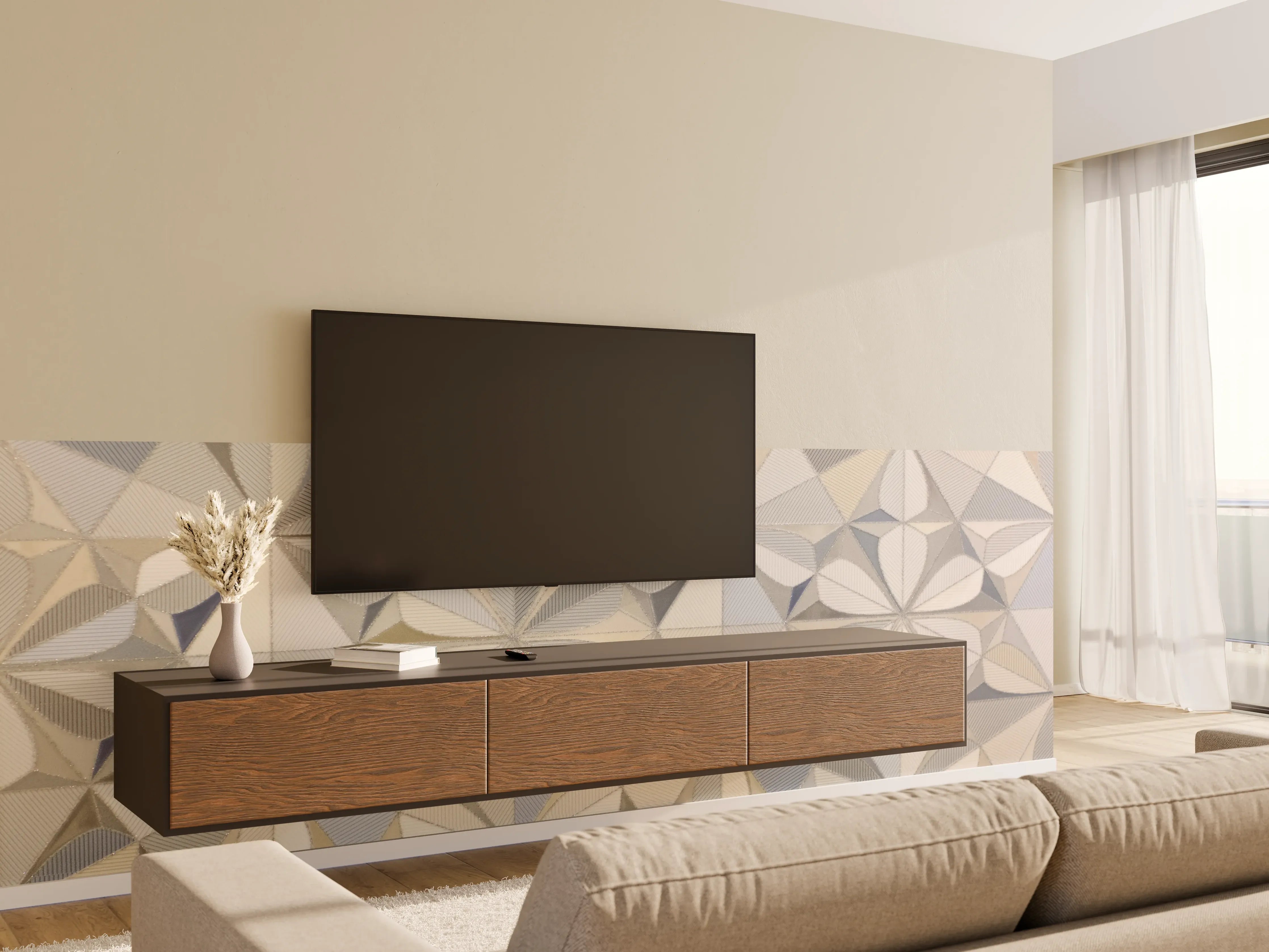 Wandverkleidung Wohnzimmer - Moderne geometrische Fliesen in neutralen Tönen