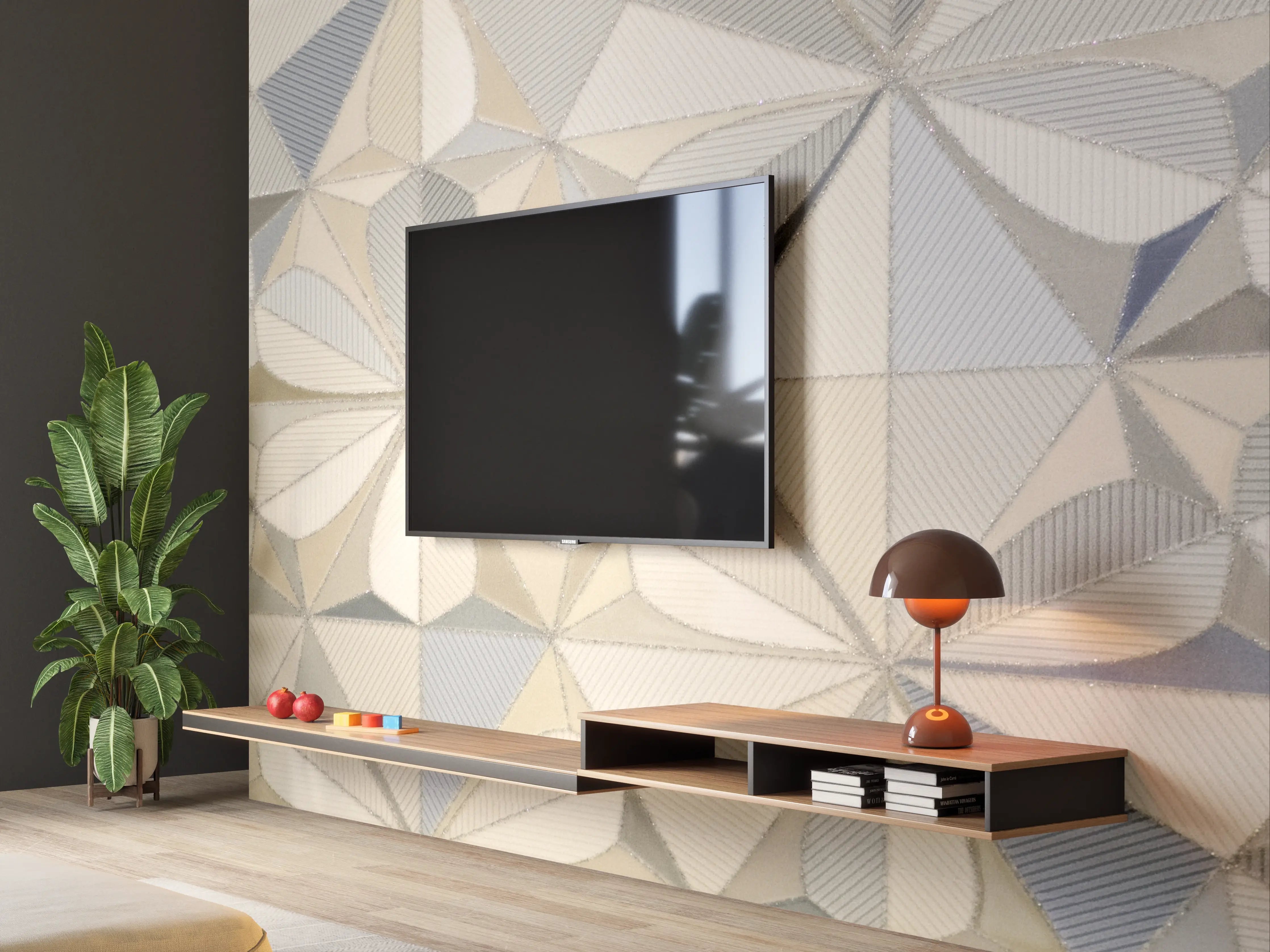 Wandverkleidung Wohnzimmer - Moderne geometrische Fliesen in neutralen Tönen