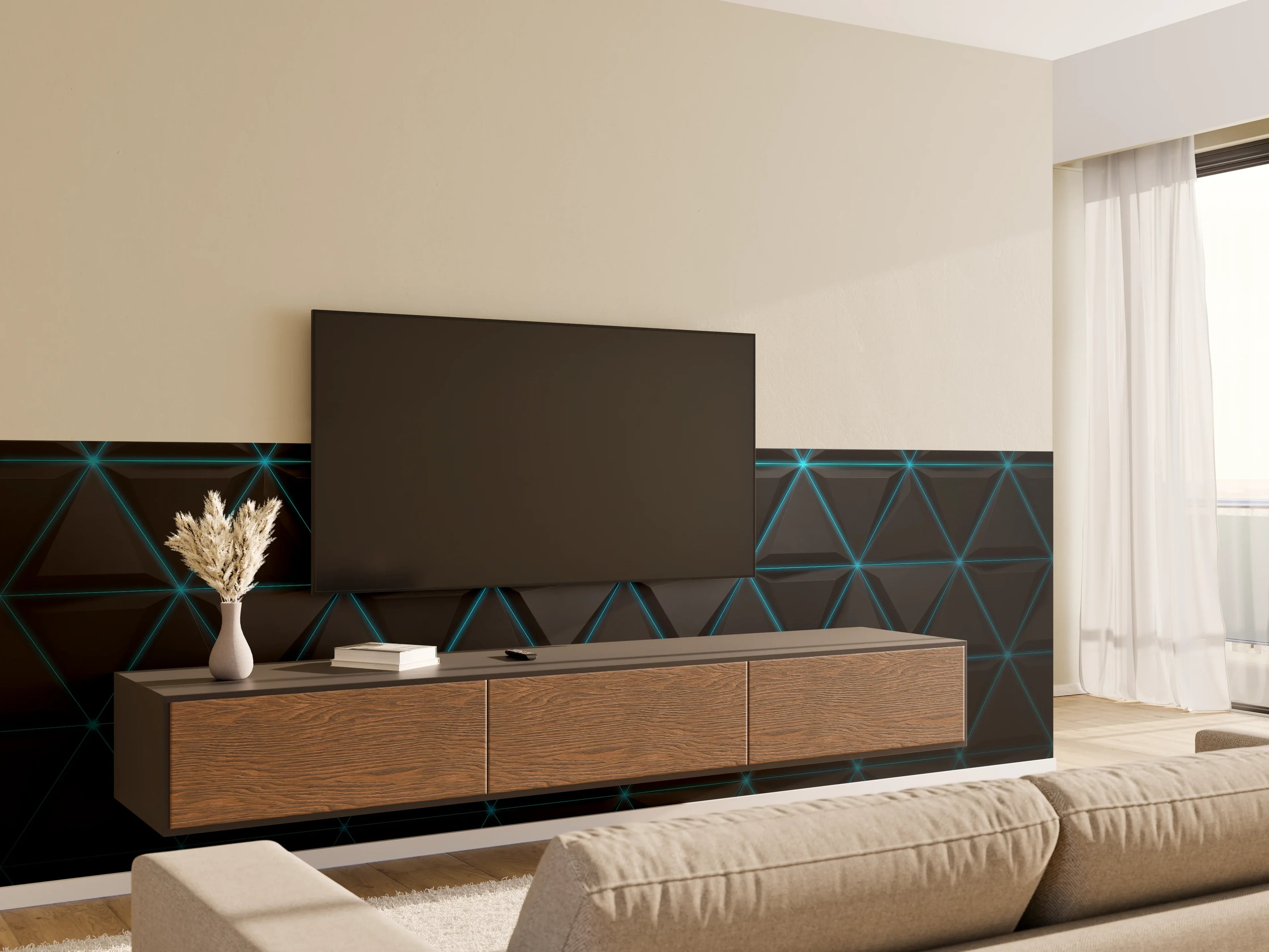 Wandverkleidung Wohnzimmer - Moderne geometrische Muster in Dunkeloptik