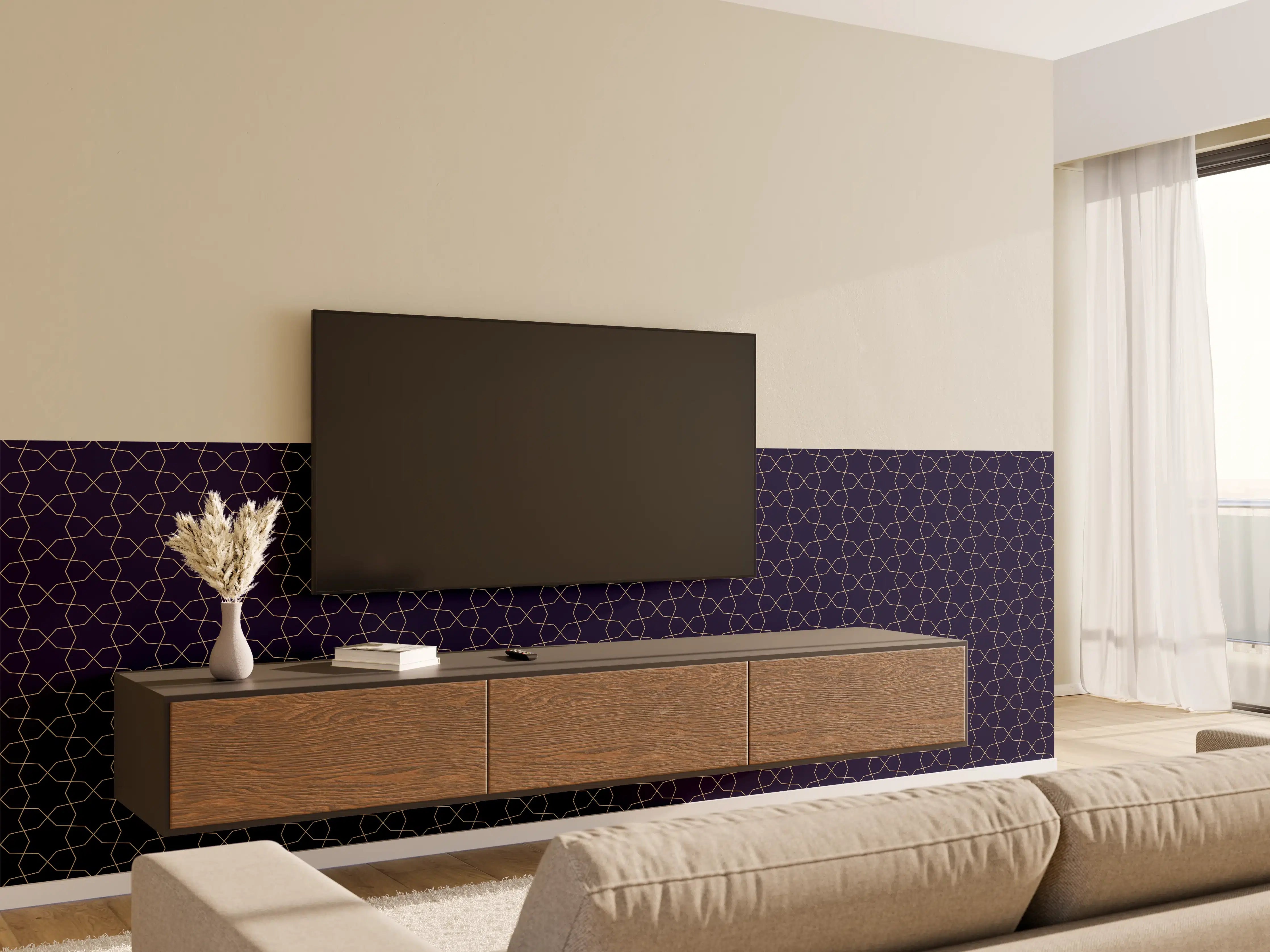Wandverkleidung Wohnzimmer - Moderne geometrische Mustertapete in Dunkelblau