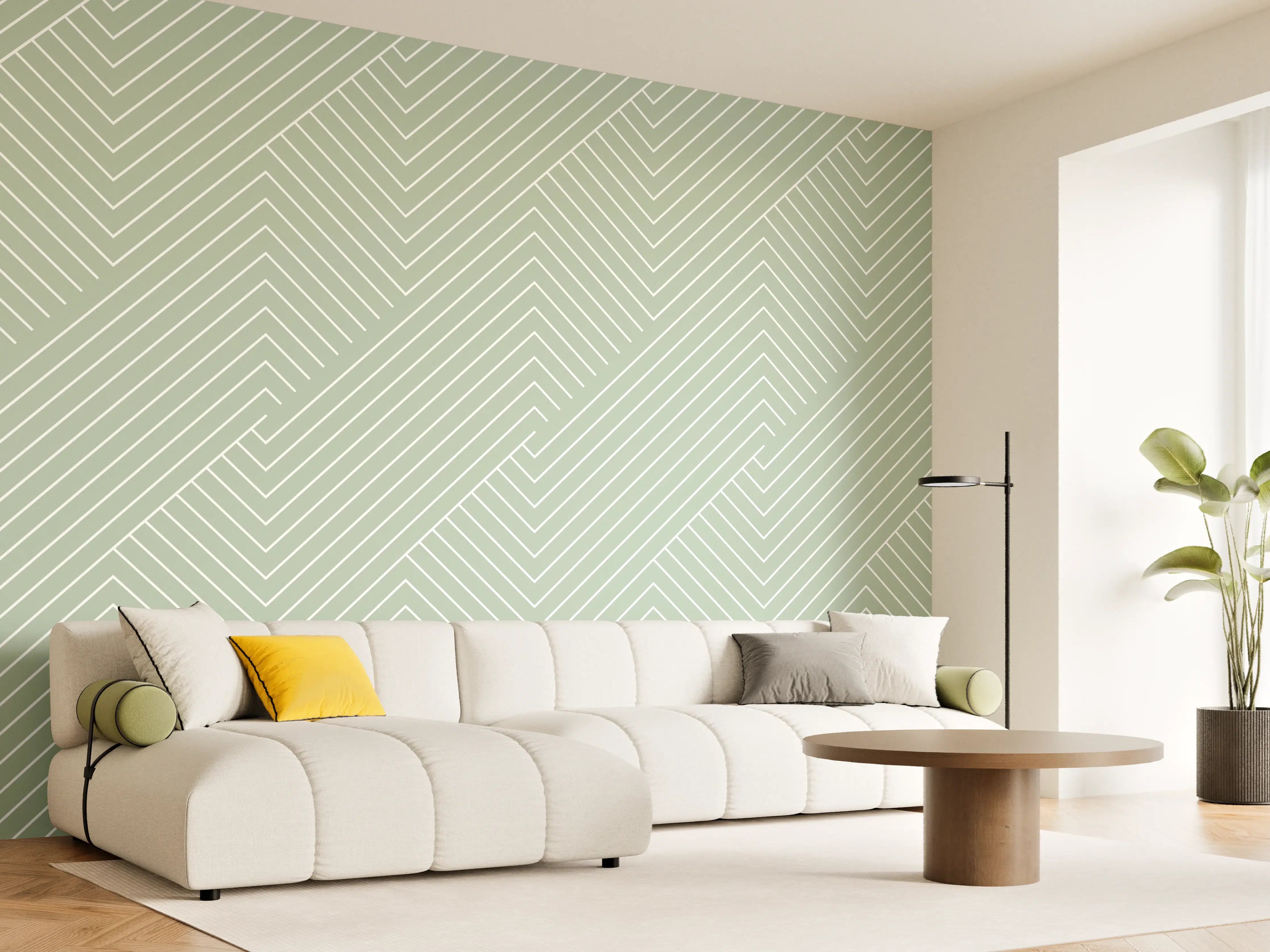 Wandverkleidung Wohnzimmer - Moderne geometrische Wandgestaltung in Pastellgrün