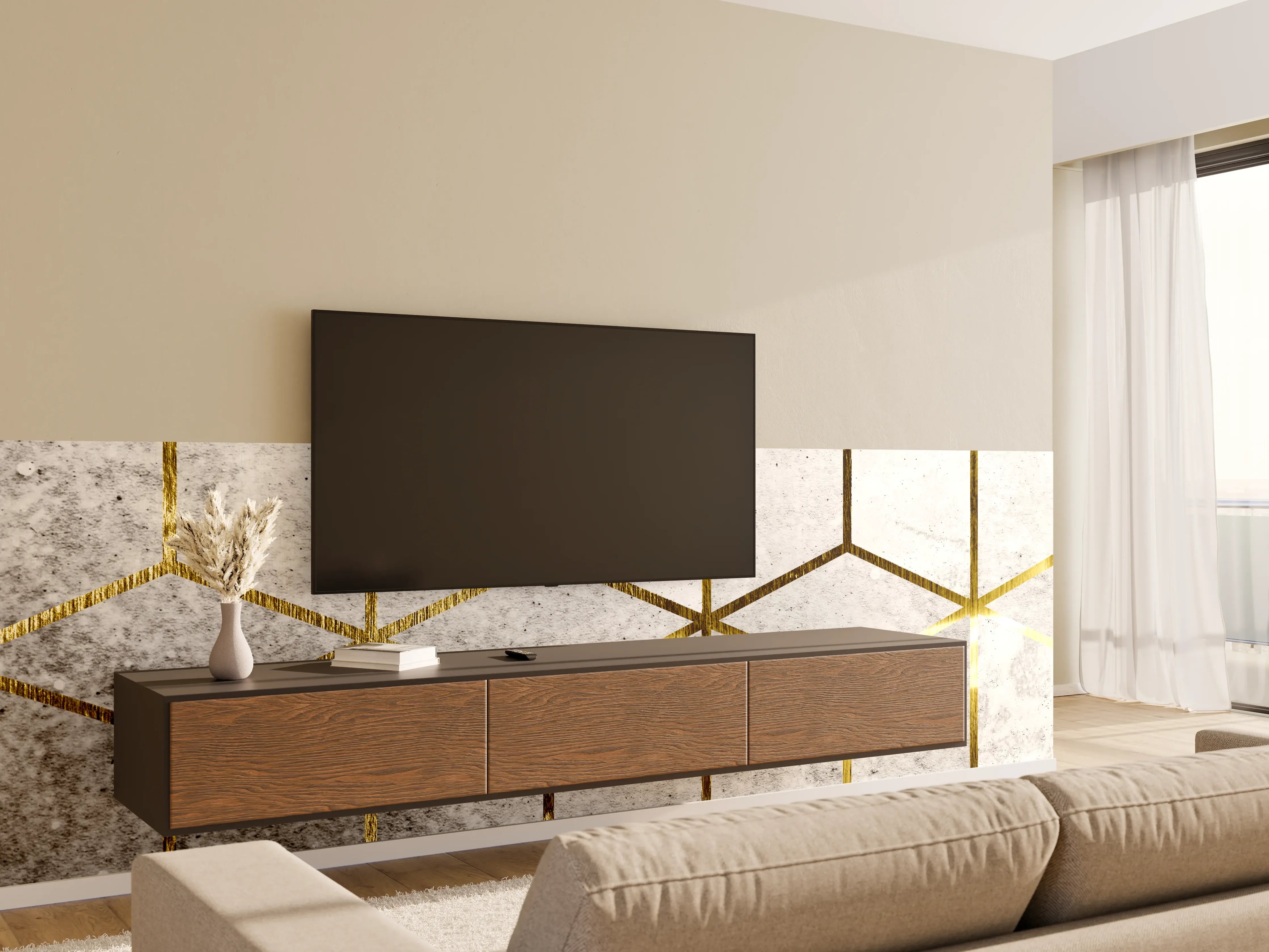 Wandverkleidung Wohnzimmer - Moderne geometrische Wandgestaltung mit Goldakzenten