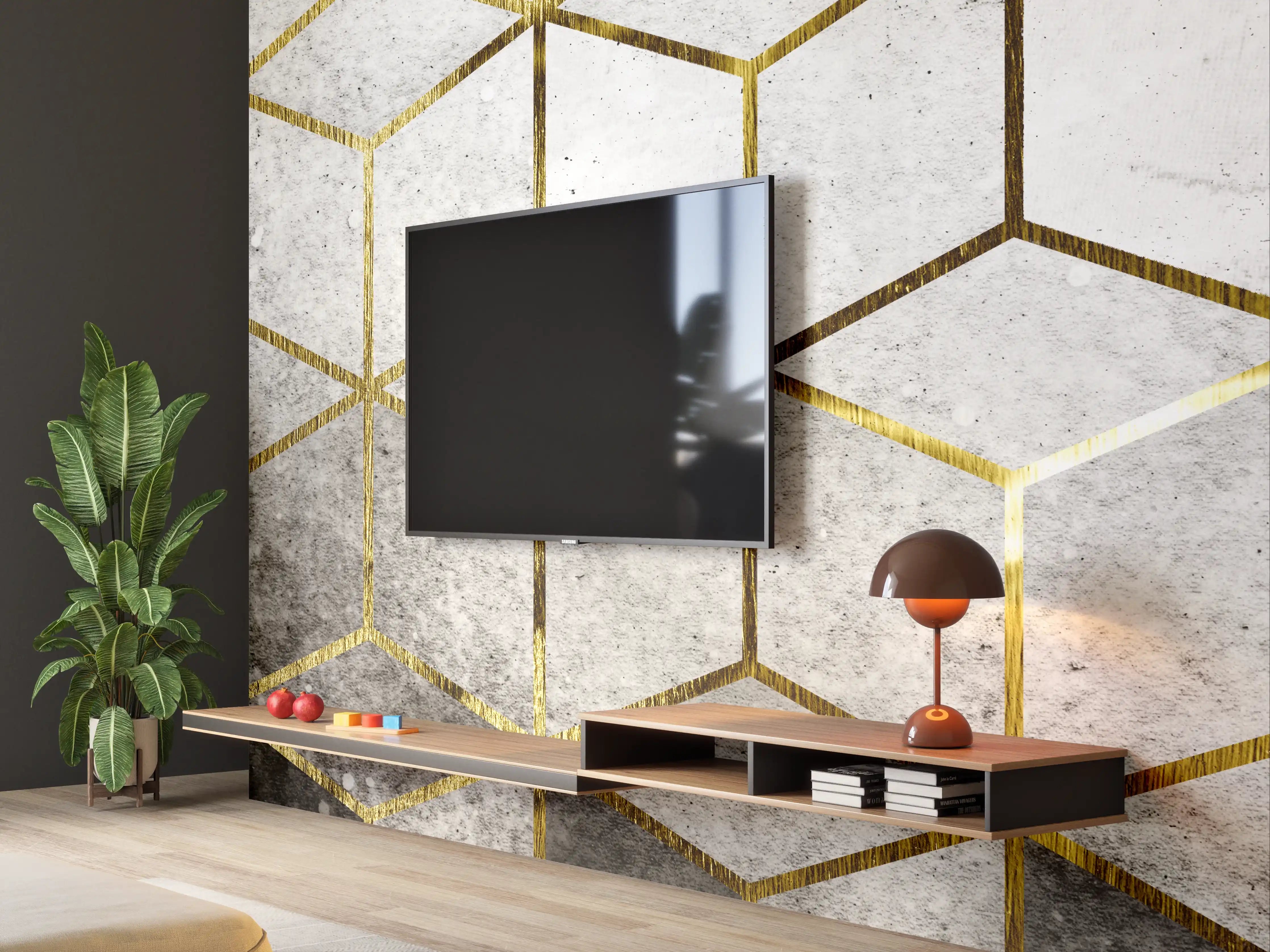 Wandverkleidung Wohnzimmer - Moderne geometrische Wandgestaltung mit Goldakzenten