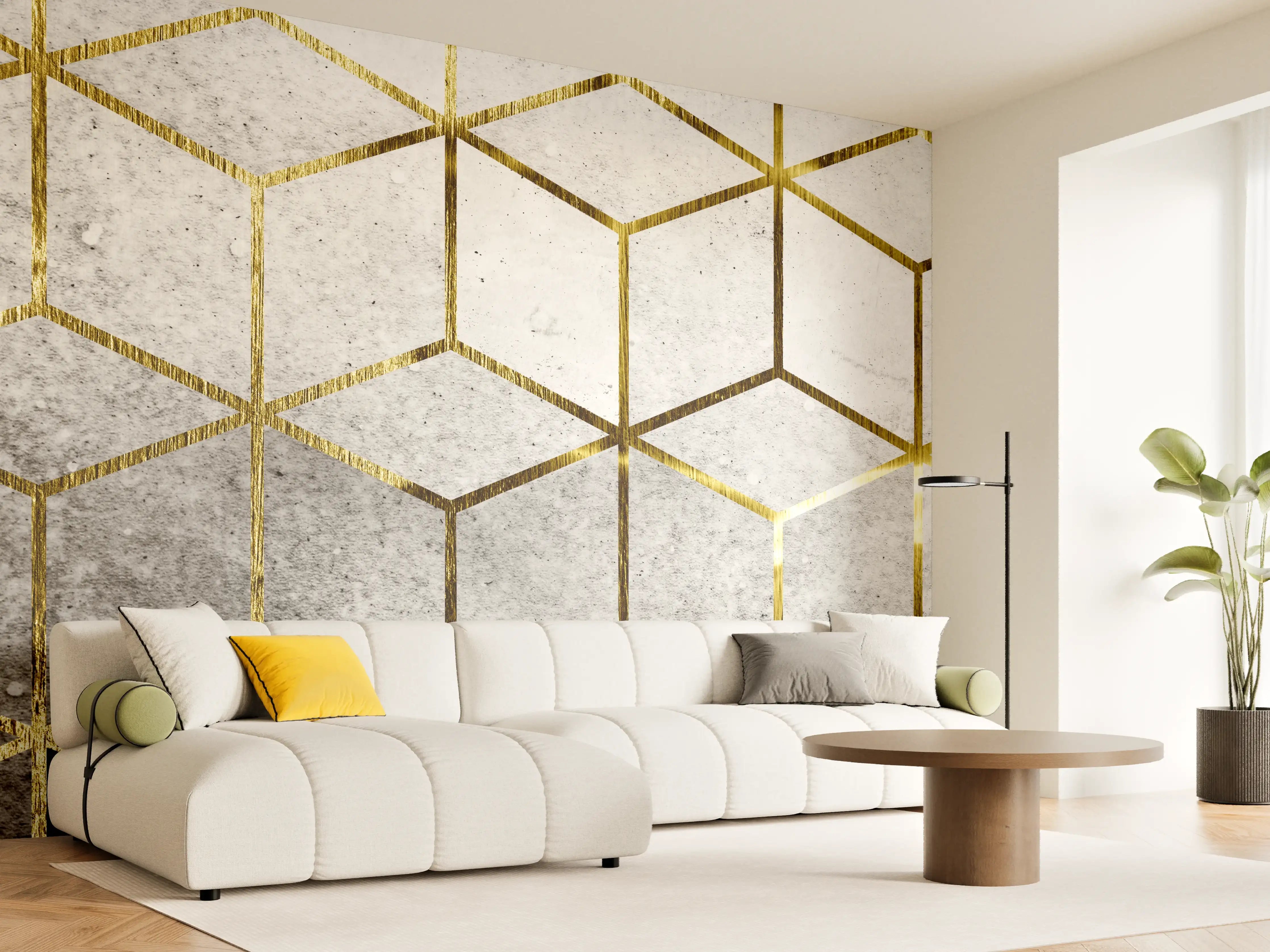 Wandverkleidung Wohnzimmer - Moderne geometrische Wandgestaltung mit Goldakzenten