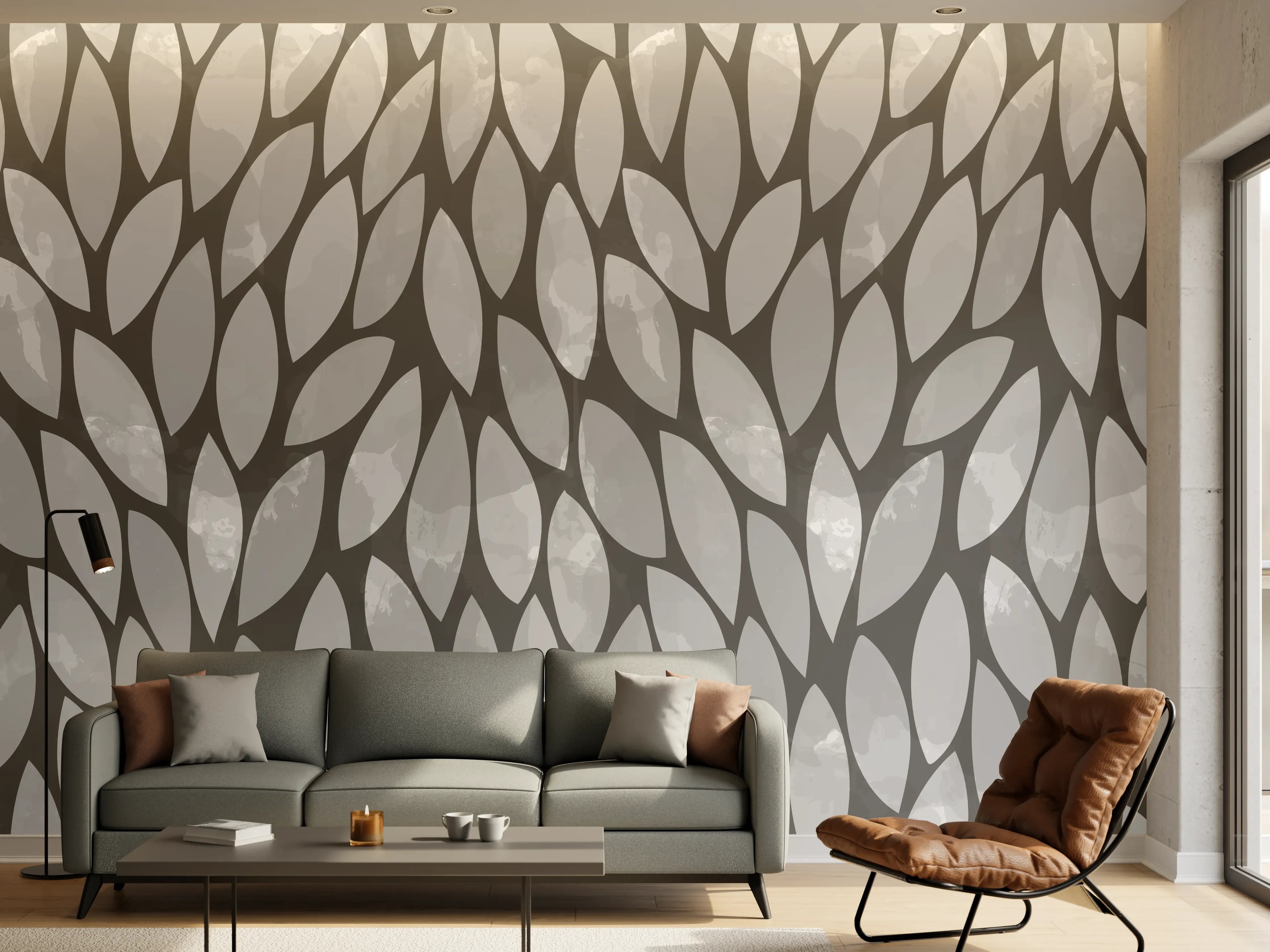 Wandverkleidung Wohnzimmer - Moderne graue Tapete mit Blattmuster