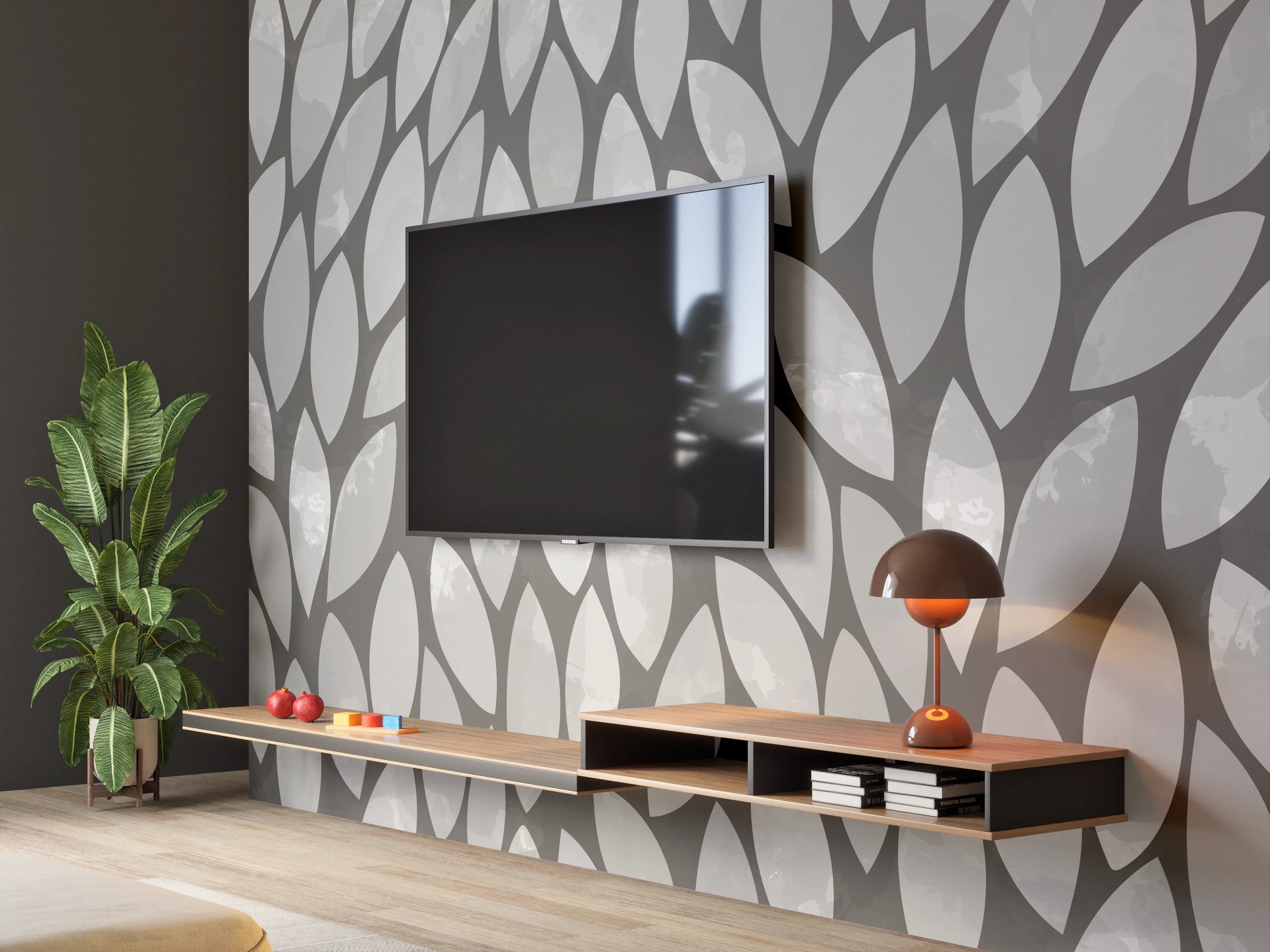 Wandverkleidung Wohnzimmer - Moderne graue Tapete mit Blattmuster