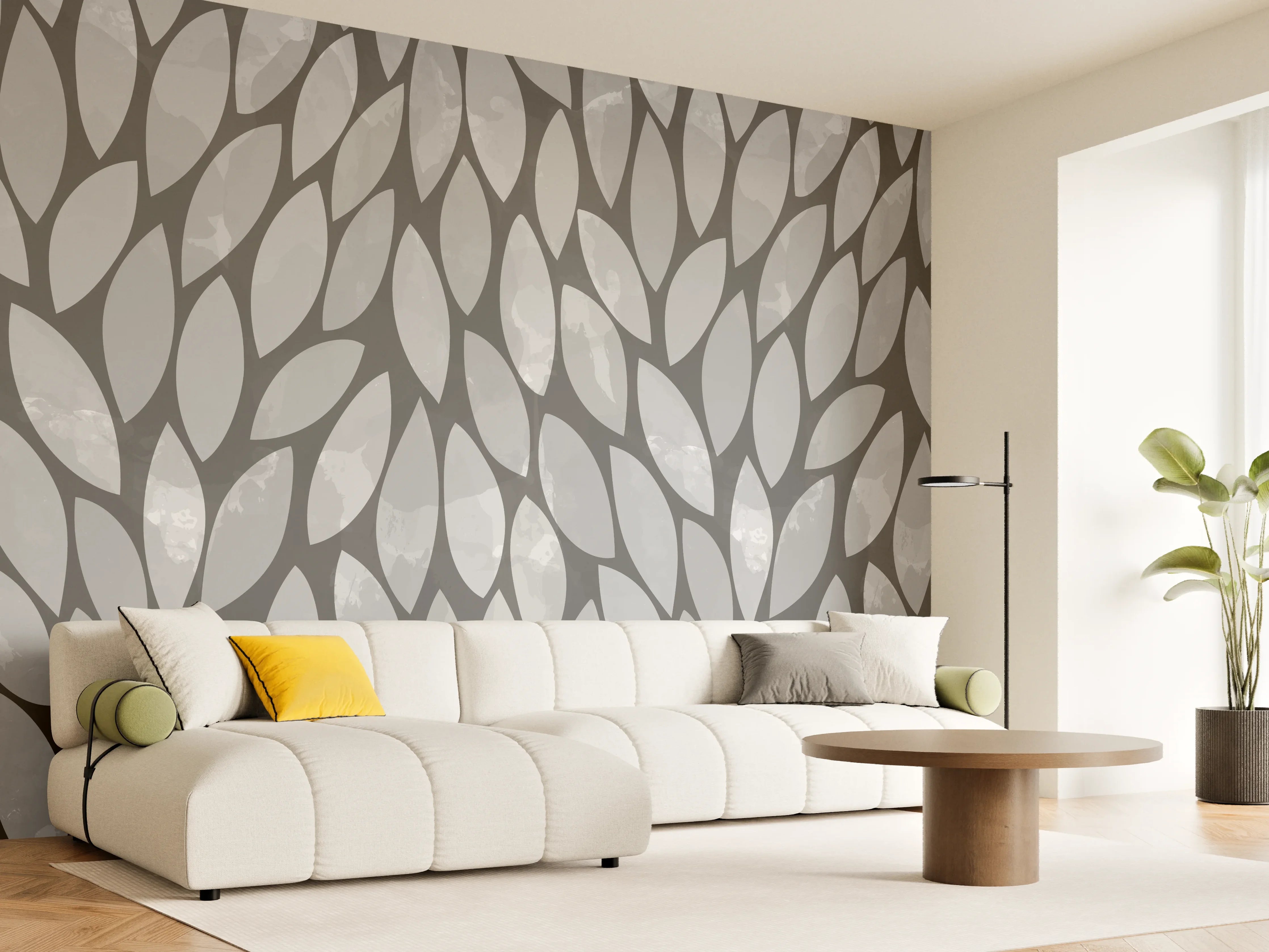 Wandverkleidung Wohnzimmer - Moderne graue Tapete mit Blattmuster